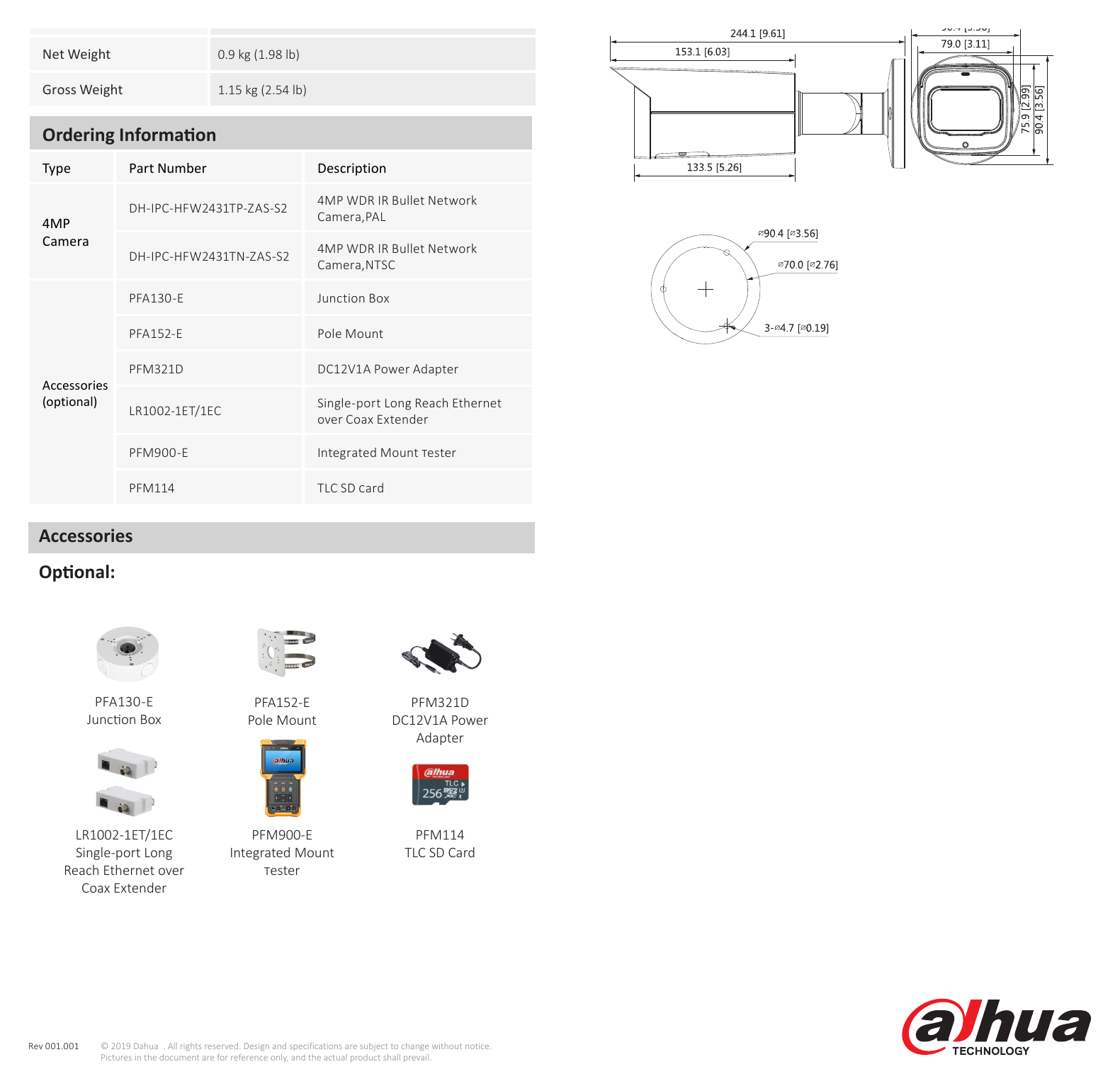 DH-IPC-HFW2431T-ZAS-S2-DATASHEET-1910111 外形尺寸圖 244.1 mm × Φ90.4 mm (9.61" × Φ3.26")｜Unit: mm