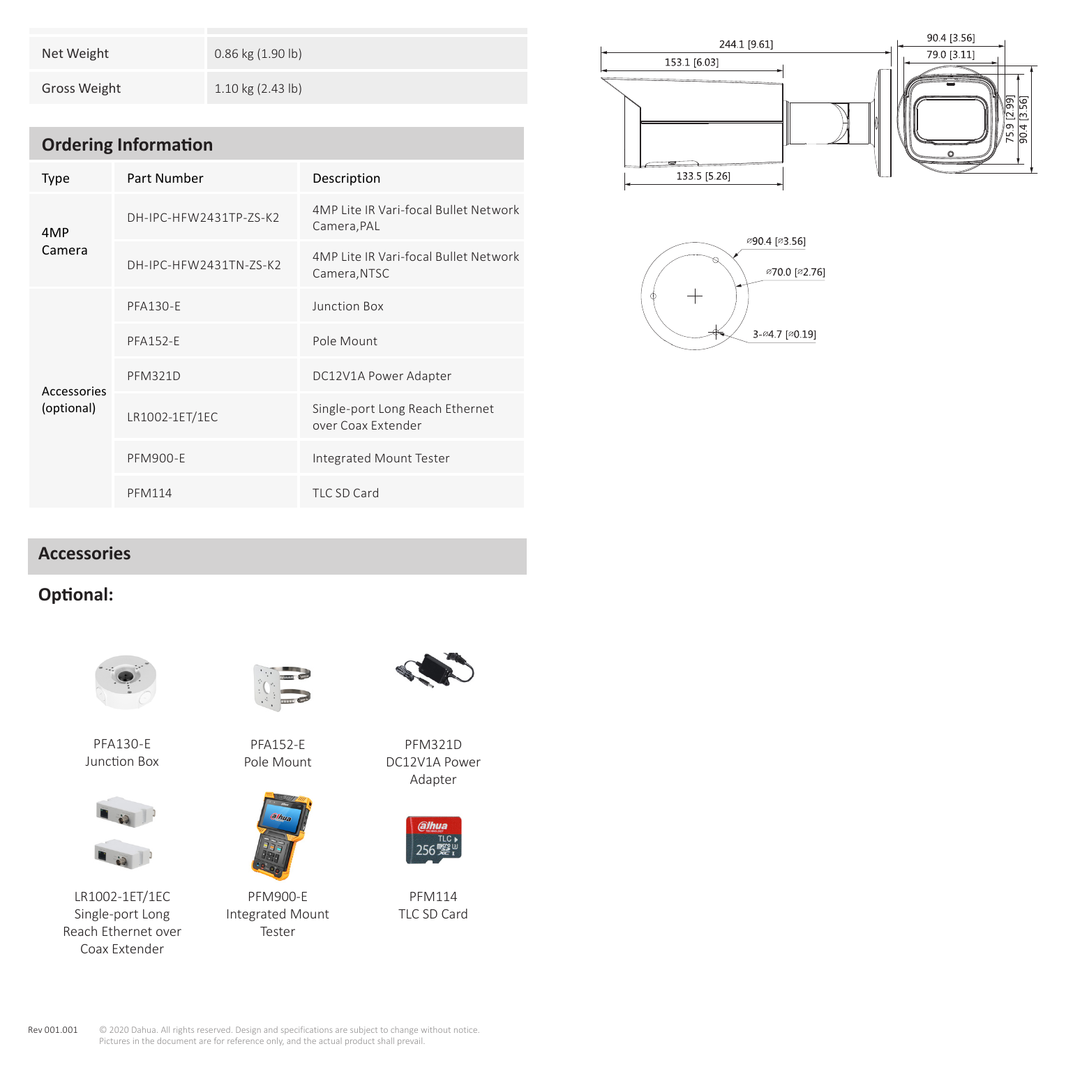 DH-IPC-HFW2431T-ZS-K2 外形尺寸圖 244.1 mm × Φ90.4 mm (9.61" × Φ3.26")｜Unit: mm