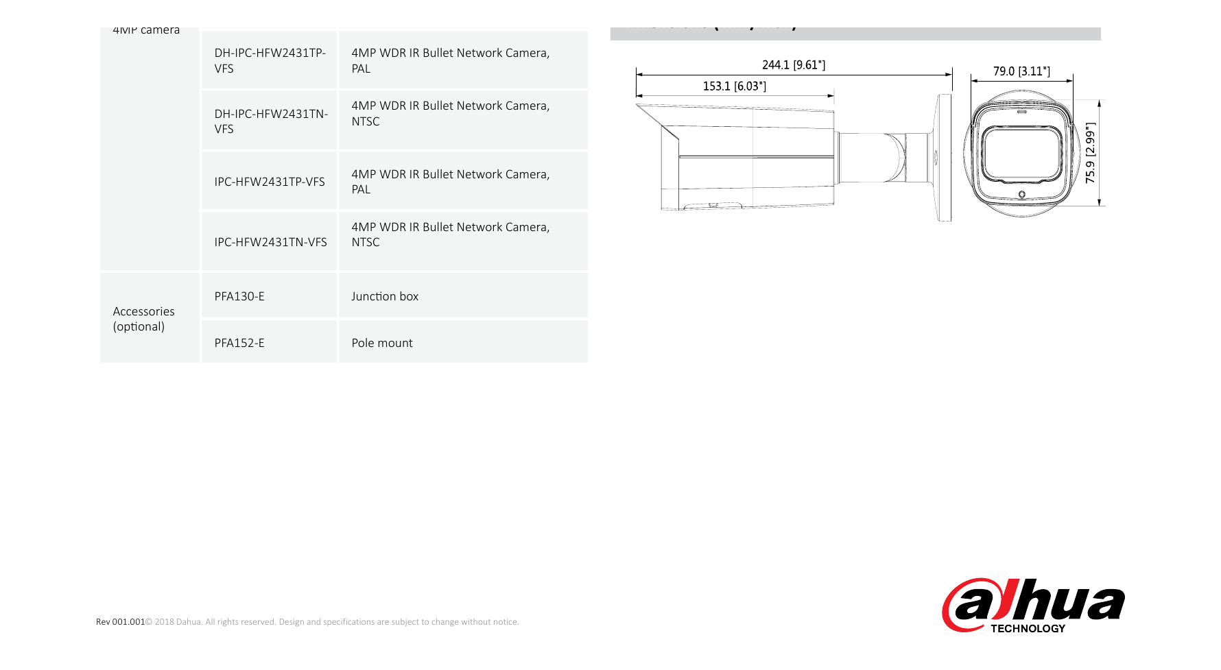 DH-IPC-HFW2431T-ZSVFS 外形尺寸圖 244.1mm×79mm×75.9mm (9.61”×3.11”×2.99”)｜Unit: mm