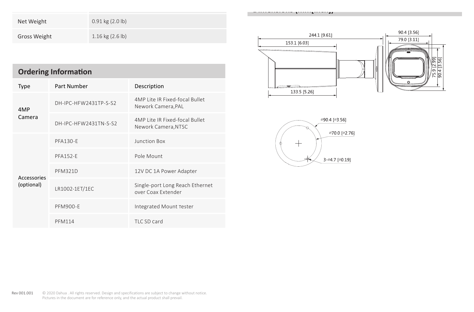 DH-IPC-HFW2431TP-S-S2 外形尺寸圖 244.1 mm × Φ90.4 mm (9.61" × Φ3.26") Dimensions (mm[inch])｜Unit: mm