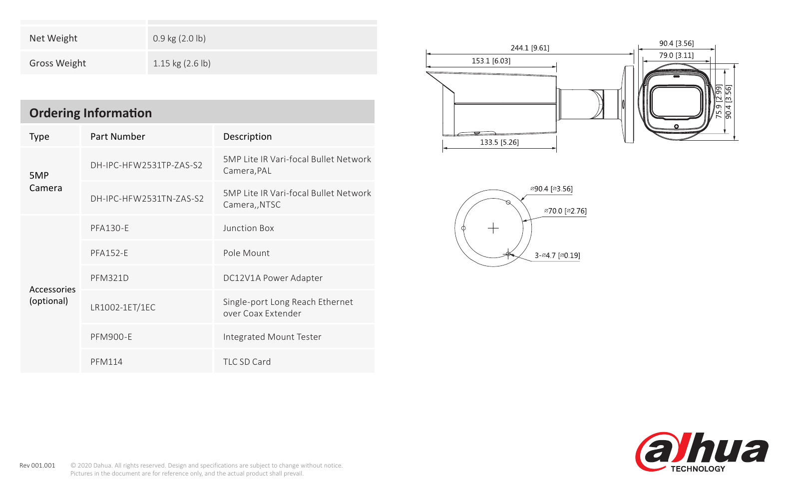 DH-IPC-HFW2531T-ZAS-S2 外形尺寸圖 244.1 mm × Φ90.4 mm (9.61" × Φ3.26")｜Unit: mm