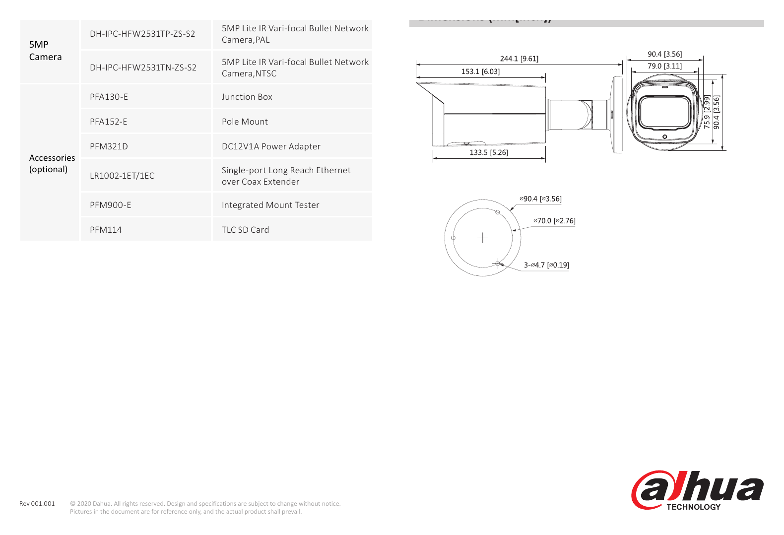 DH-IPC-HFW2531T-ZS-S2 外形尺寸圖 244.1 mm × Φ90.4 mm (9.61" × Φ3.26")｜Unit: mm