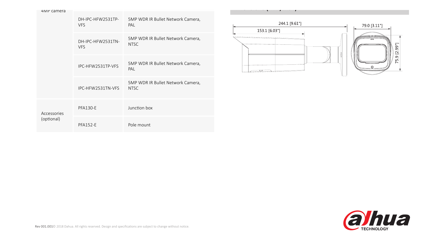 DH-IPC-HFW2531T-ZSVFS 外形尺寸圖 244.1mm×79mm×75.9mm (9.61”×3.11”×2.99”)｜Unit: mm