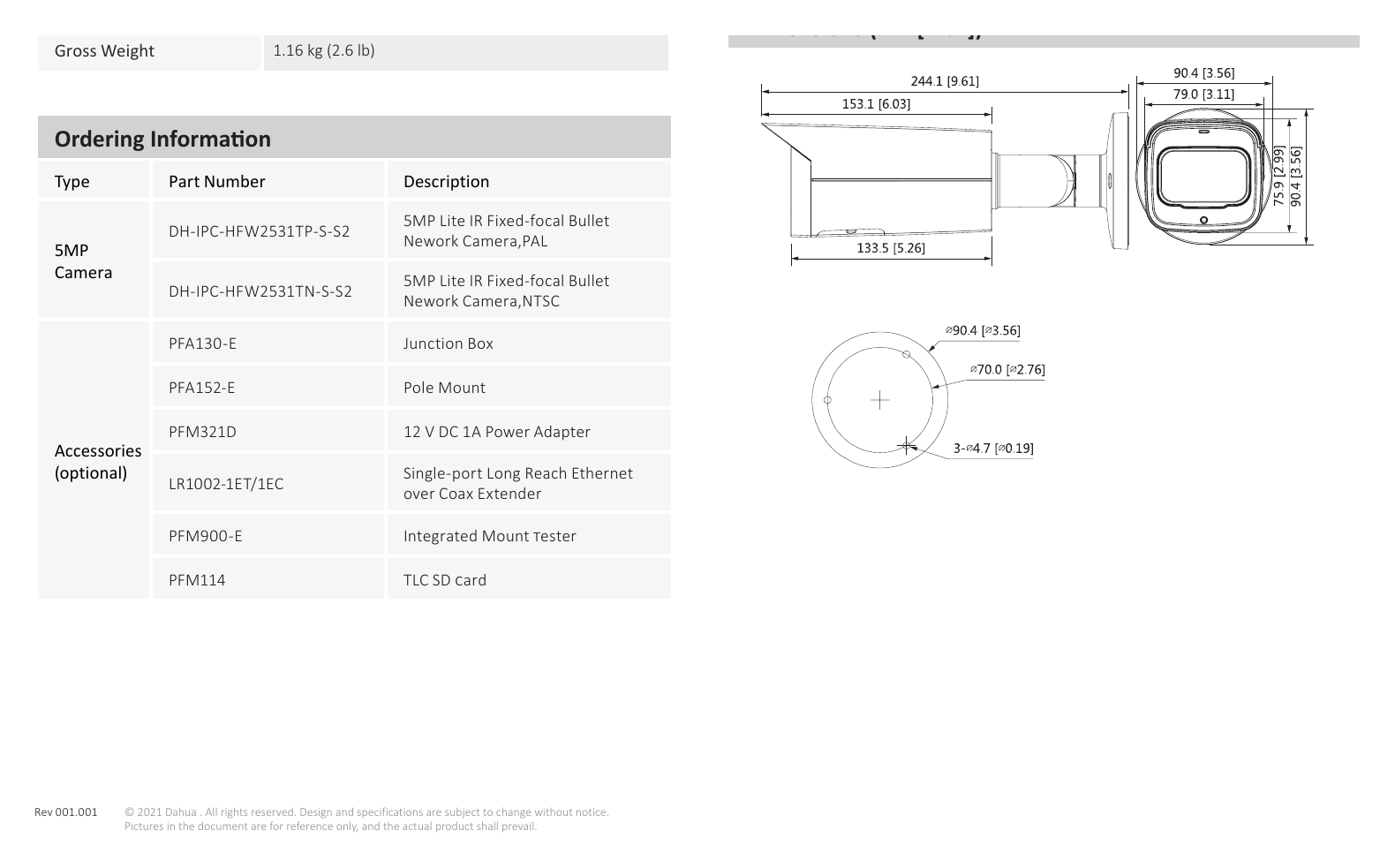 DH-IPC-HFW2531TP-S-S2 外形尺寸圖 244.1 mm × Φ90.4 mm (9.61" × Φ3.26")｜Unit: mm