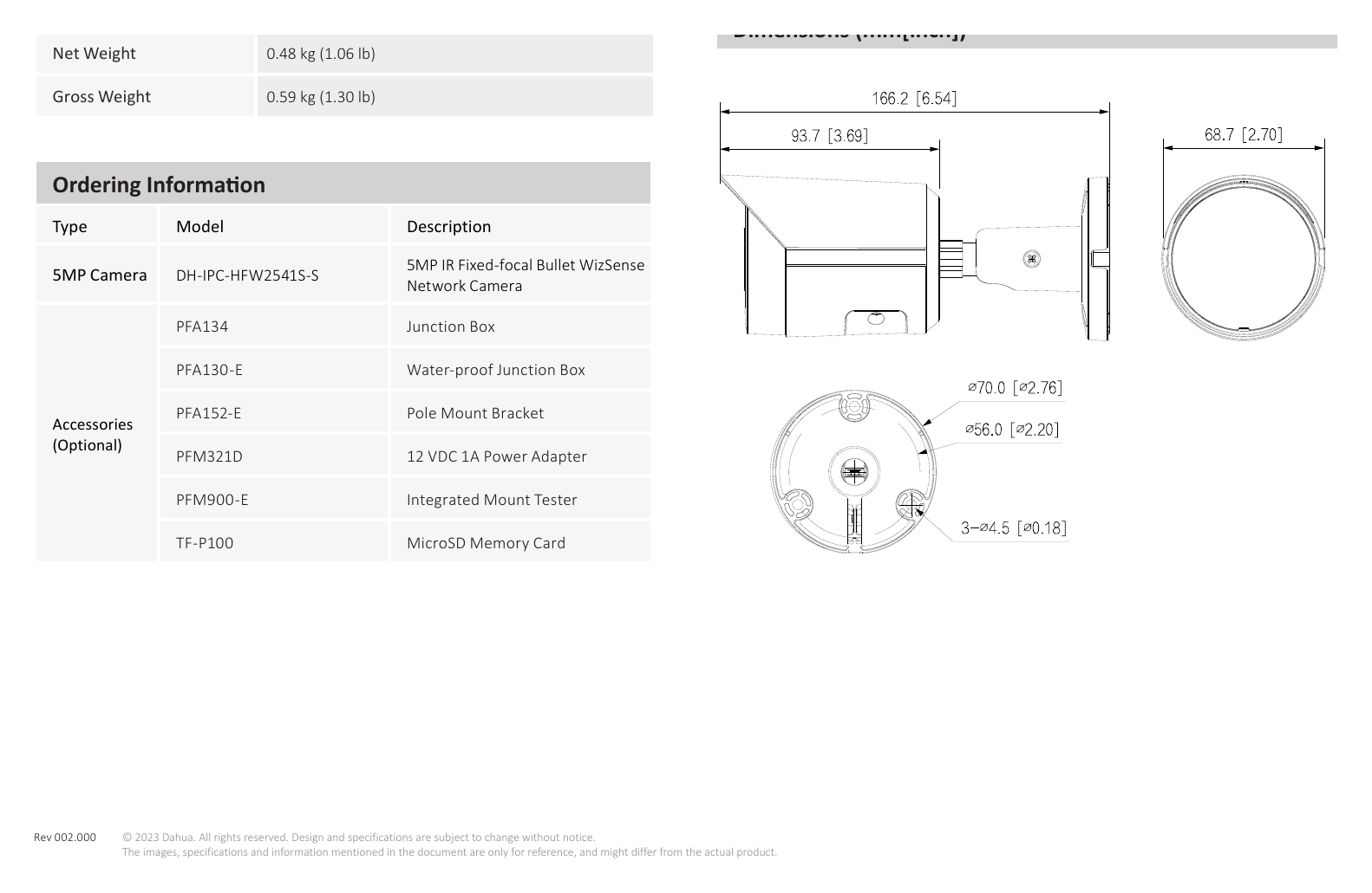 DH-IPC-HFW2541S-S 外形尺寸圖 詳見圖示｜Unit: mm