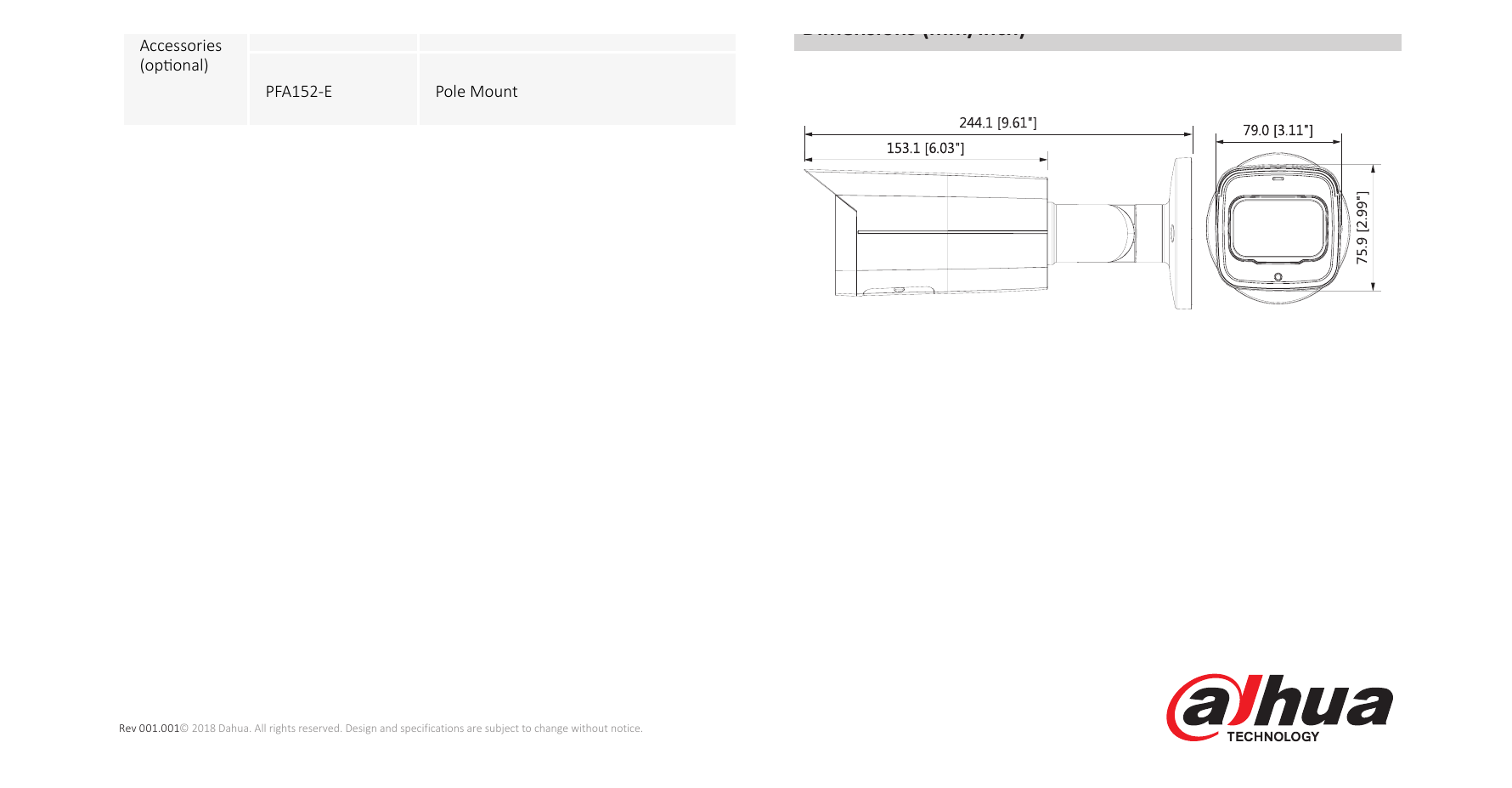 DH-IPC-HFW2831T-ZAS 外形尺寸圖 244.1mm×79mm×75.9mm (9.61”×3.11”×2.99”)｜Unit: mm
