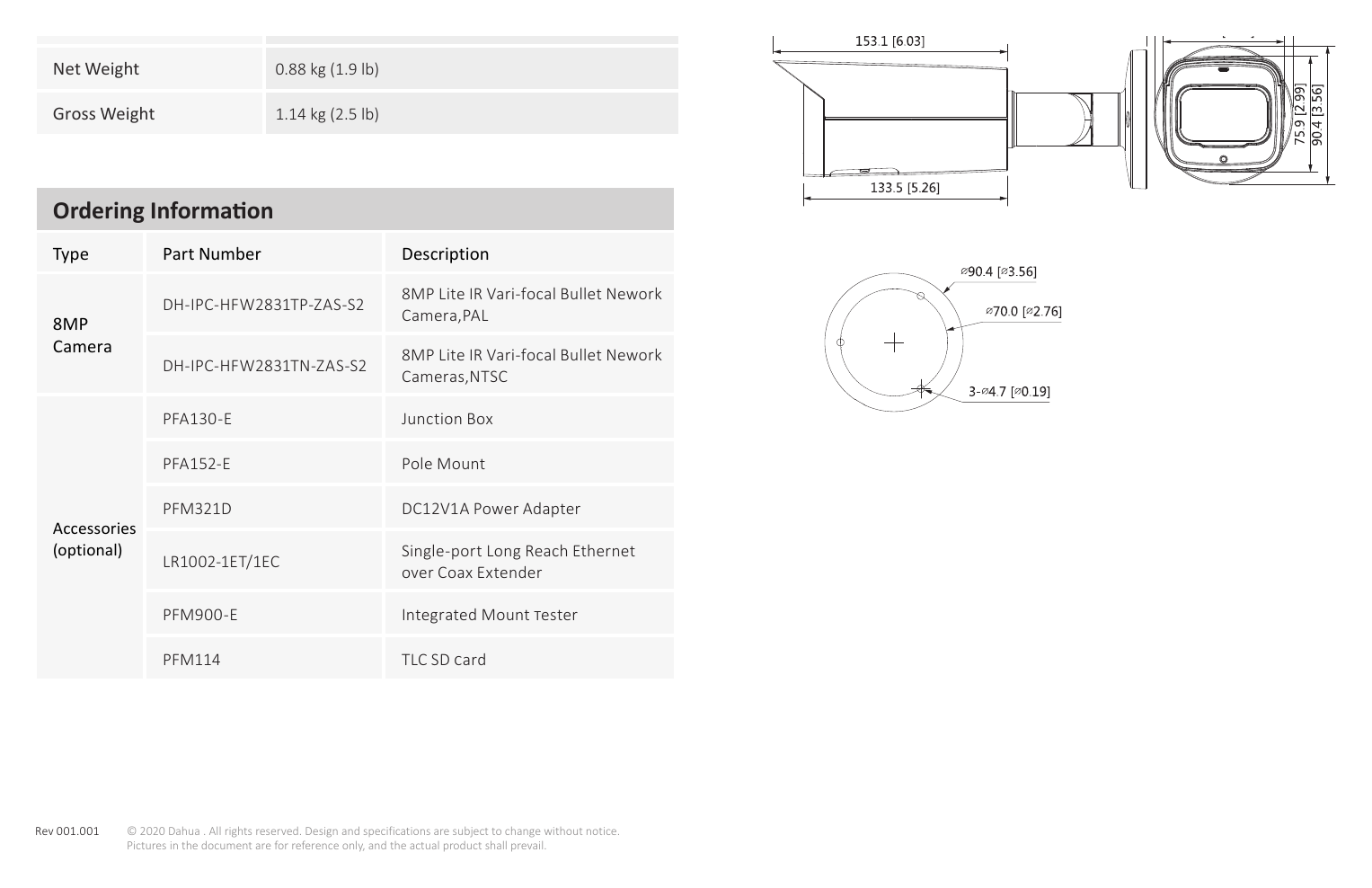 DH-IPC-HFW2831T-ZAS-S2 外形尺寸圖 244.1 mm × Φ90.4 mm (9.61" × Φ3.26")｜Unit: mm