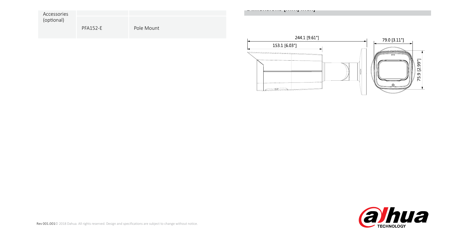 DH-IPC-HFW2831T-ZS 外形尺寸圖 244.1mm×79mm×75.9mm (9.61”×3.11”×2.99”)｜Unit: mm
