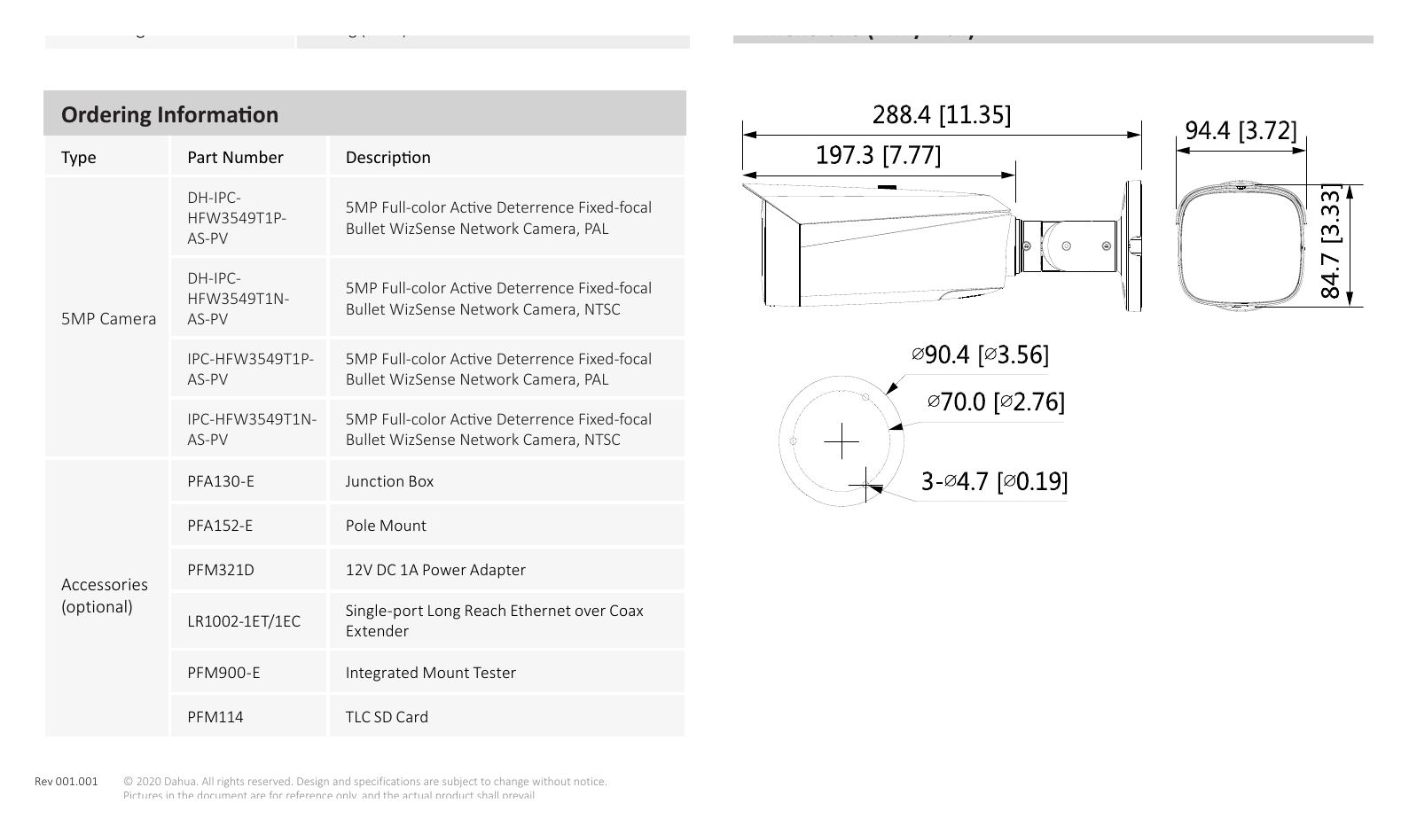 DH-IPC-HFW3549T1P-AS-PV 外形尺寸圖 詳見圖示｜Unit: mm