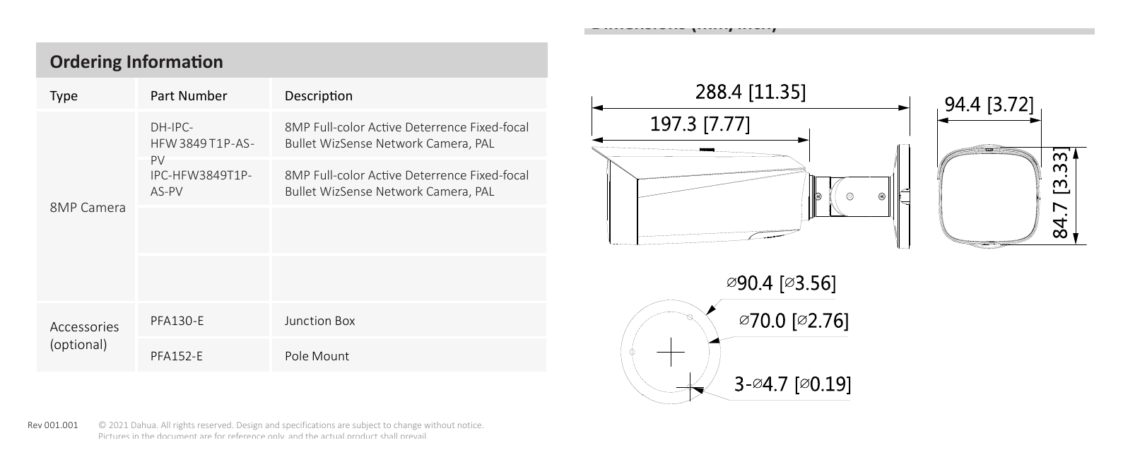 DH-IPC-HFW3849T1P-AS-PV 外形尺寸圖 詳見圖示｜Unit: mm