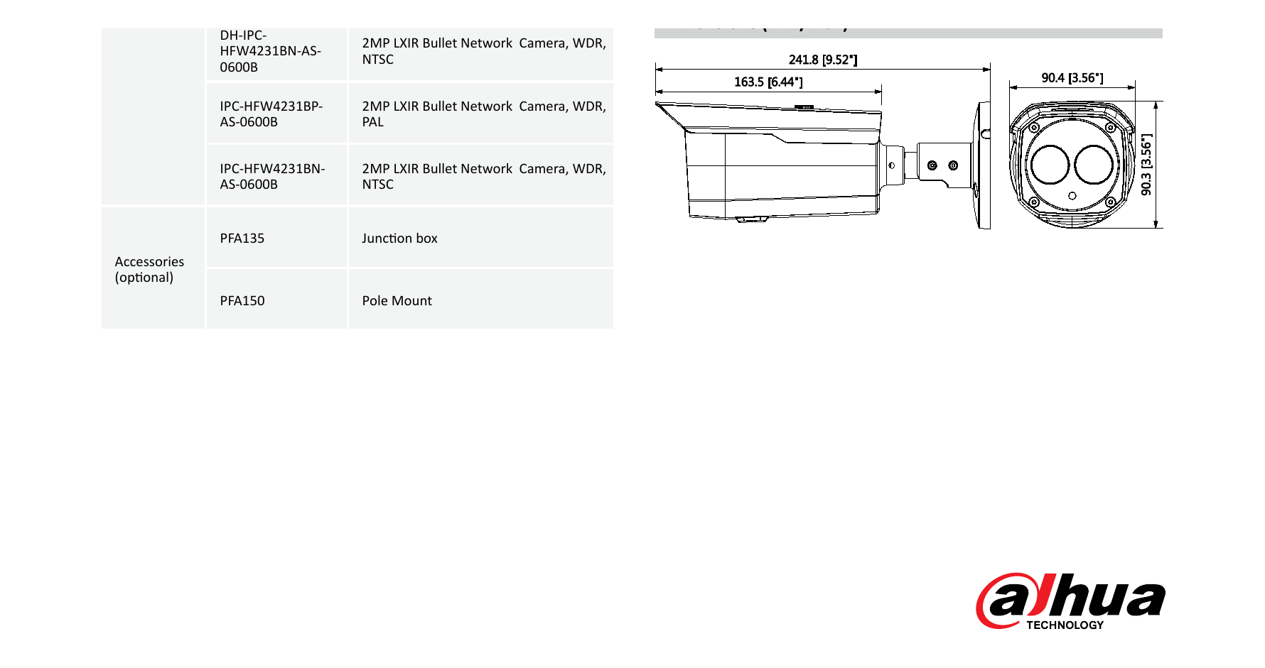 DH-IPC-HFW4231B-AS 外形尺寸圖 241.8mm×90.4mm×90.3mm (9.52”×3.56”×3.56”)｜Unit: mm
