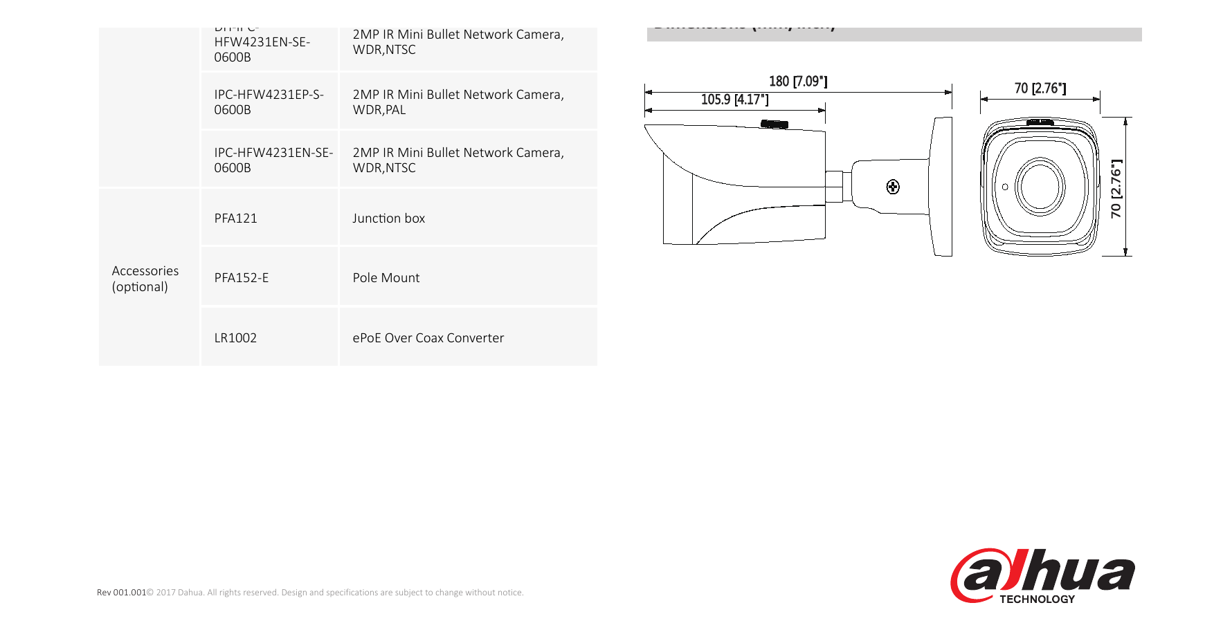 DH-IPC-HFW4231E-SE 外形尺寸圖 180mm×70mm×70mm (7.09”×2.76”×2.76”)｜Unit: mm