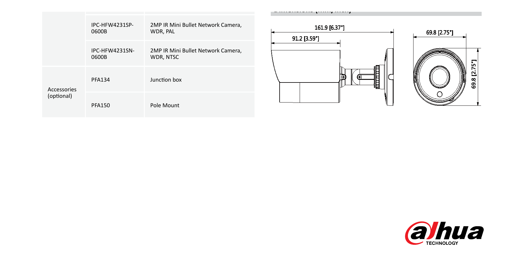 DH-IPC-HFW4231S 外形尺寸圖 161.9mm×69.8mm×69.8mm (6.37”×2.75”×2.75”)｜Unit: mm