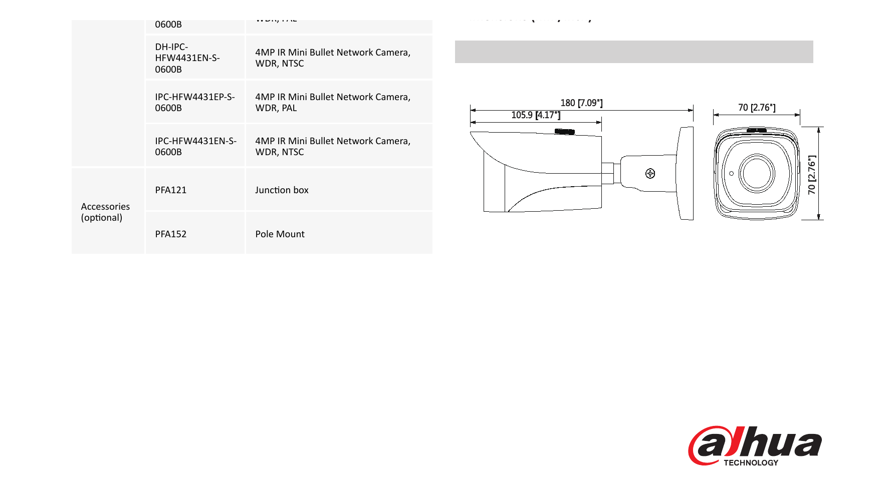DH-IPC-HFW4431E-S 外形尺寸圖 180mm×70mm×70mm (7.09”×2.76”×2.76”)｜Unit: mm