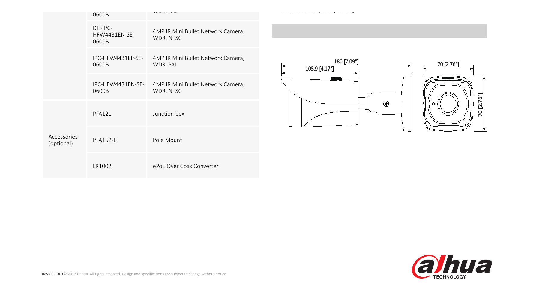 DH-IPC-HFW4431E-SE 外形尺寸圖 180mm×70mm×70mm (7.09”×2.76”×2.76”)｜Unit: mm