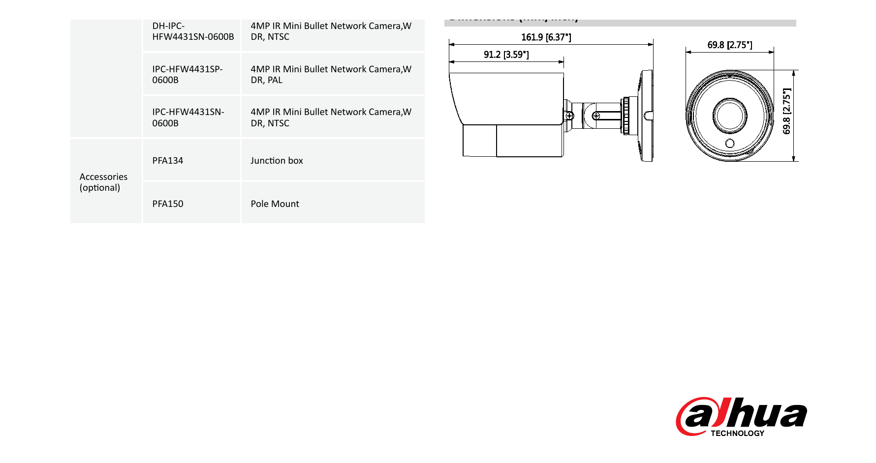 DH-IPC-HFW4431S 外形尺寸圖 161.9mm×69.8mm×69.8mm (6.37”×2.75”×2.75”)｜Unit: mm