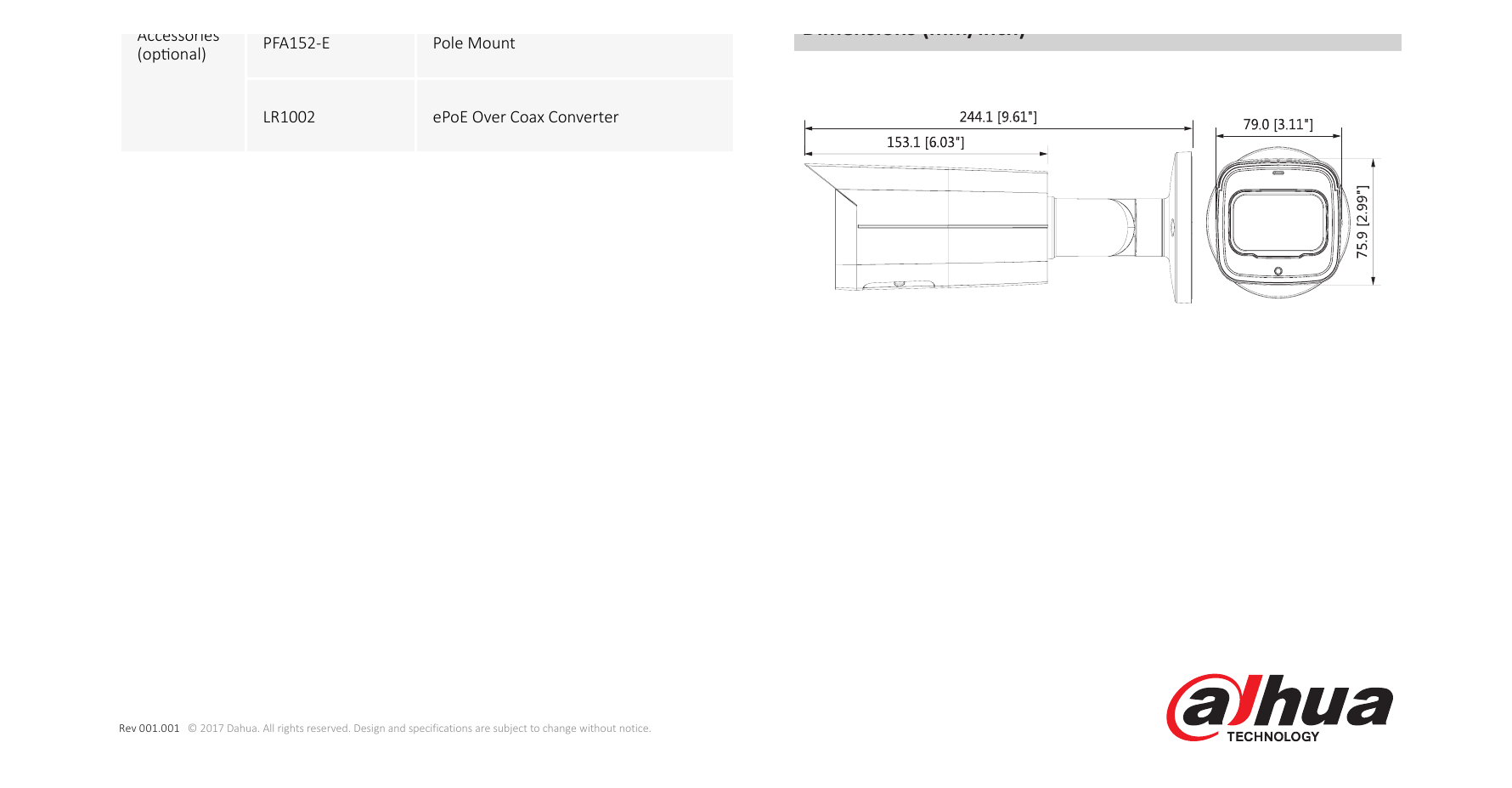DH-IPC-HFW4831T-ASE 外形尺寸圖 244.1mm×79mm×75.9mm (9.61”×3.11”×2.99”)｜Unit: mm