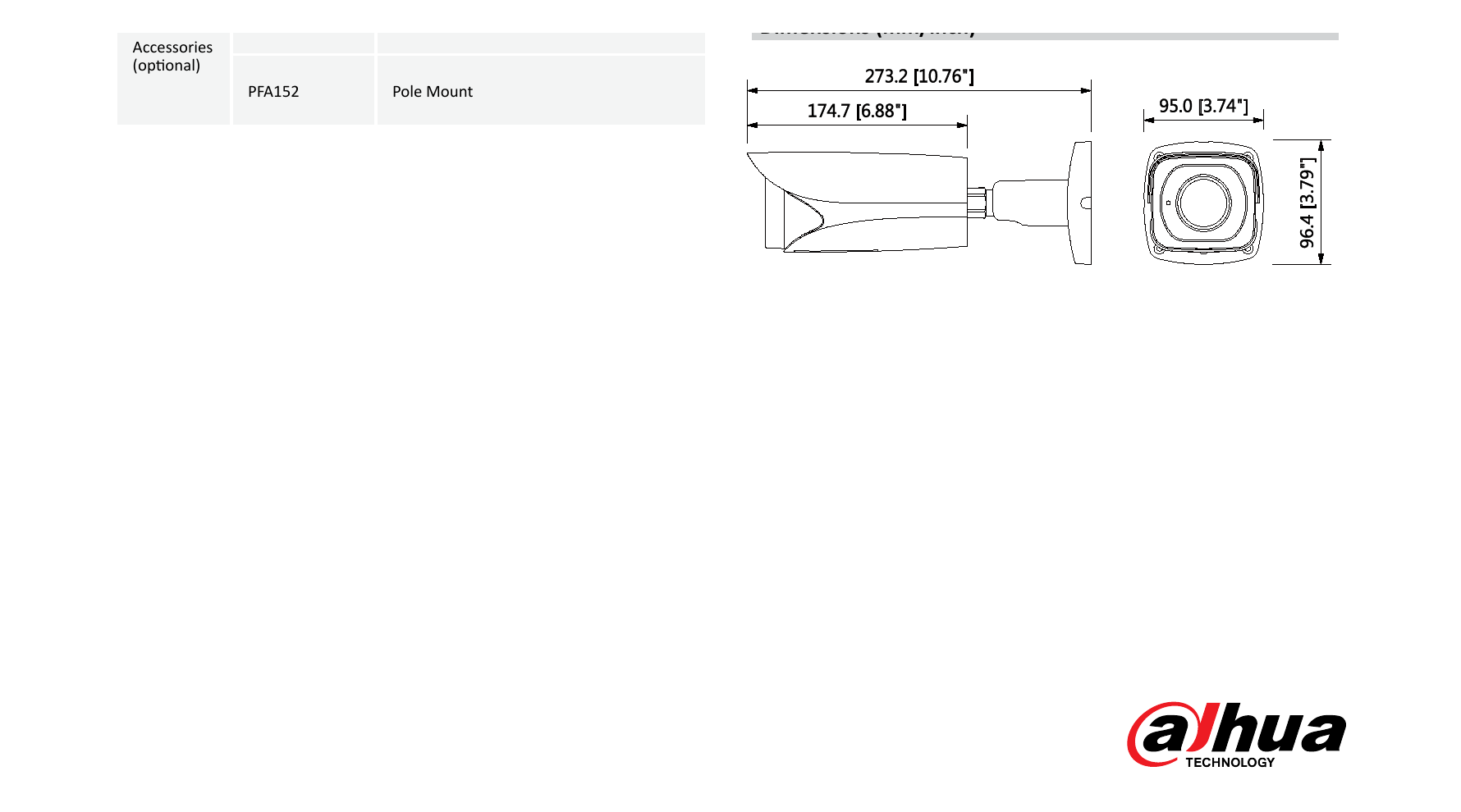 DH-IPC-HFW5231E-Z12 外形尺寸圖 273.2mm×95.0mm×96.4mm (10.76”×3.74”×3.79”)｜Unit: mm
