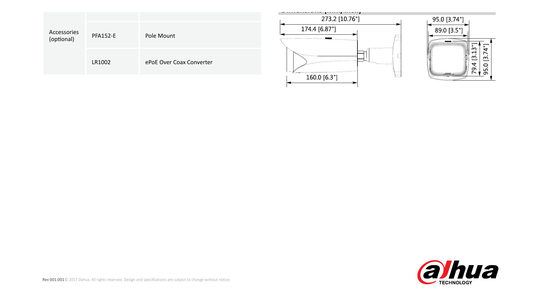 DH-IPC-HFW5231E-Z12E 外形尺寸圖 273.2mm×95.0mm×95.0mm (10.76”×3.74”×3.74”)｜Unit: mm