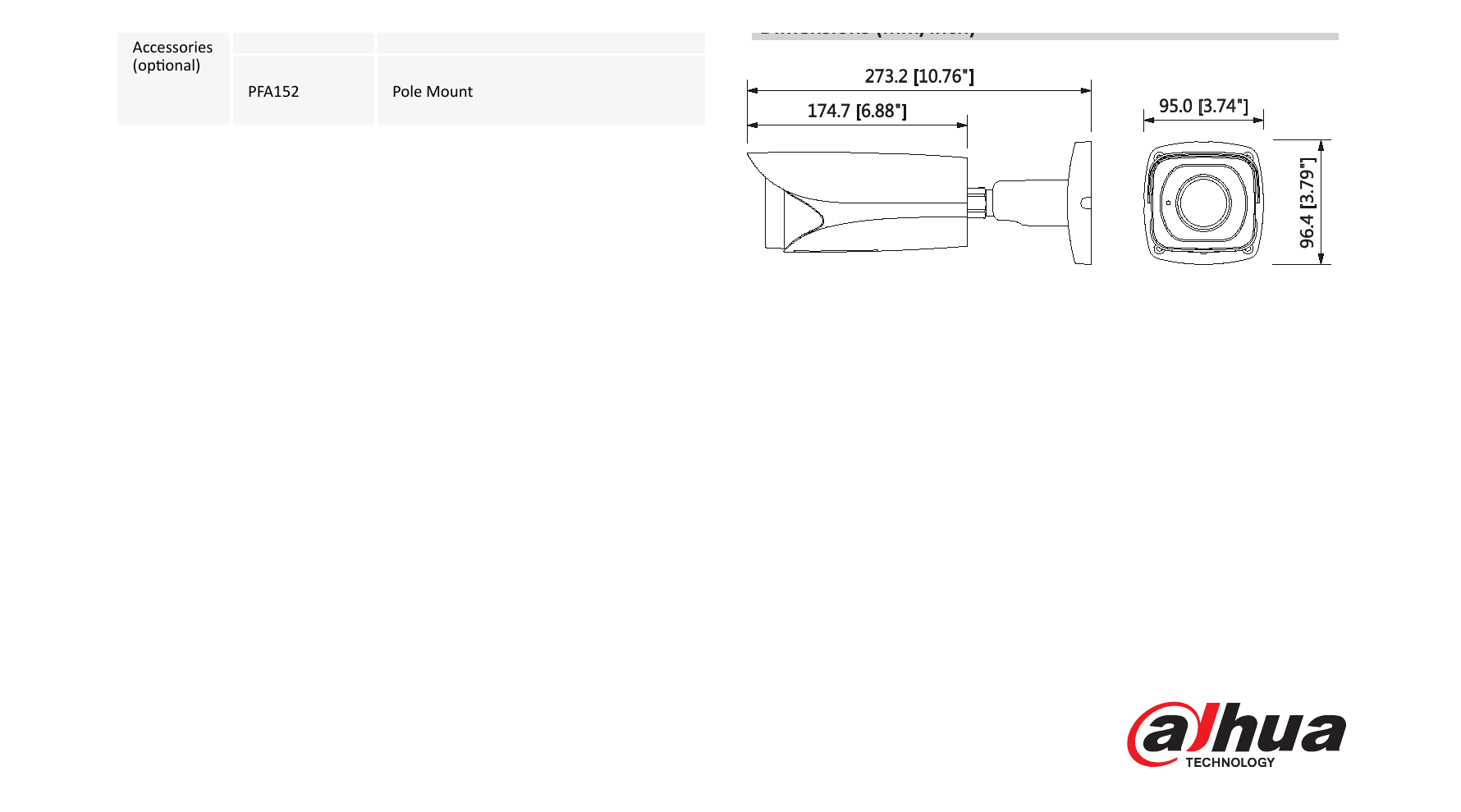 DH-IPC-HFW5231E-Z5 外形尺寸圖 273.2mm×95.0mm×96.4mm (10.76”×3.74”×3.79”)｜Unit: mm