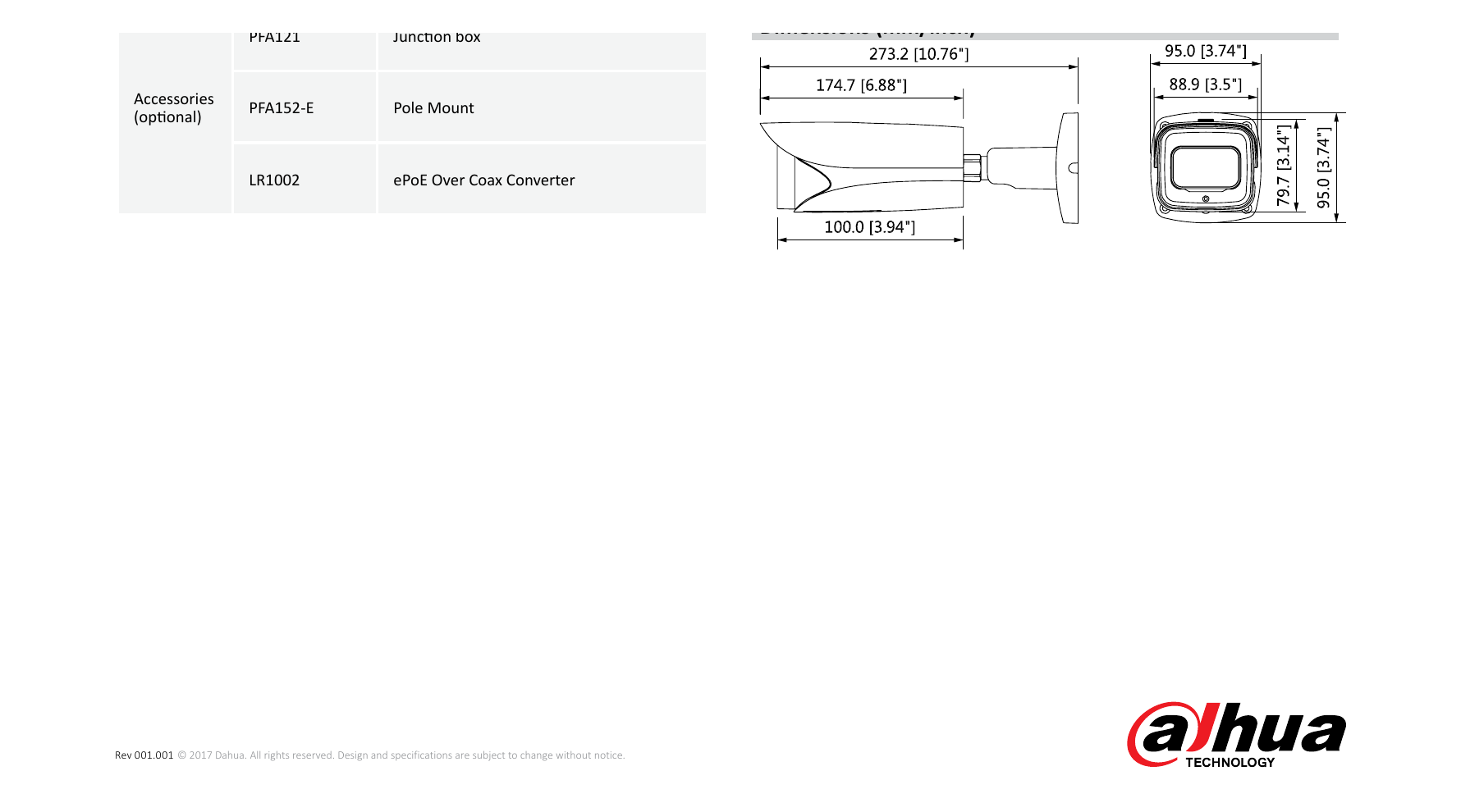 DH-IPC-HFW5231E-ZE 外形尺寸圖 273.2mm×95.0mm×95.0mm (10.76”×3.74”×3.74”)｜Unit: mm