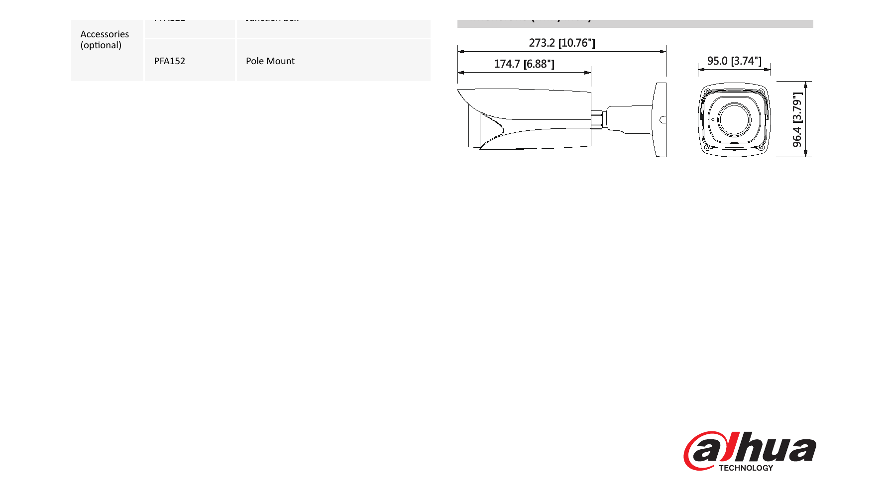 DH-IPC-HFW5431E-Z 外形尺寸圖 273.2mm×95.0mm×96.4mm (10.76”×3.74”×3.79”)｜Unit: mm