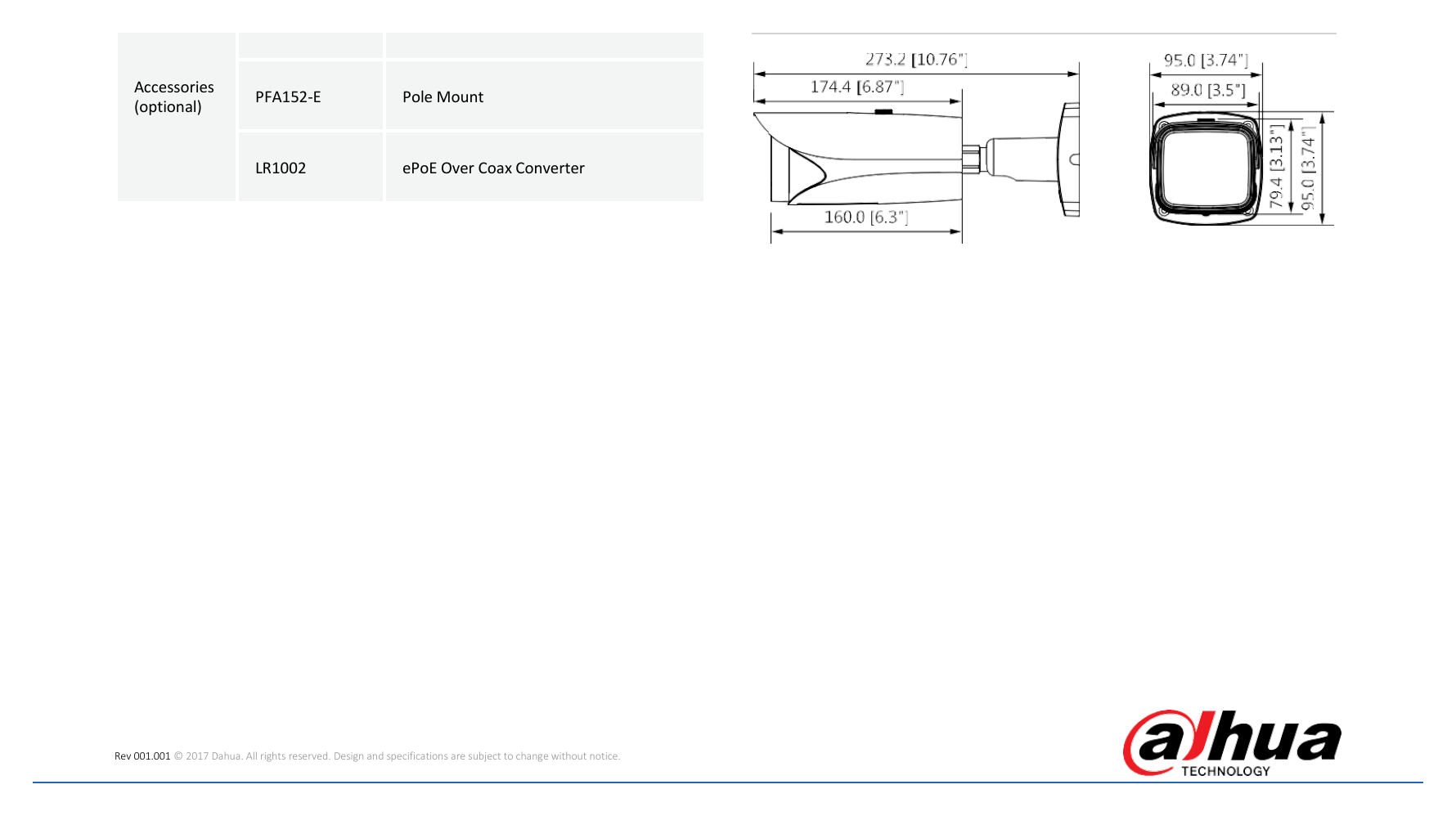 DH-IPC-HFW5631E-ZE 外形尺寸圖 273.2mm×95.0mm×95.0mm (10.76”×3.74”×3.74”)｜Unit: mm