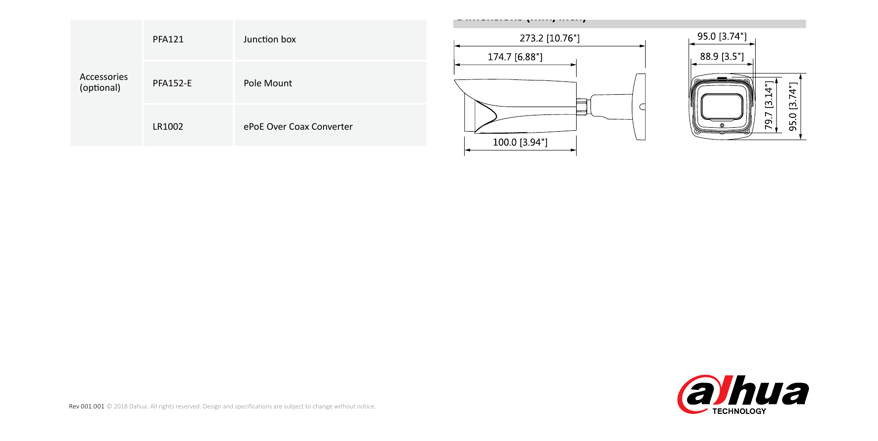 DH-IPC-HFW81230E-ZE 外形尺寸圖 273.2mm×95.0mm×95.0mm (10.76”×3.74”×3.74”)｜Unit: mm