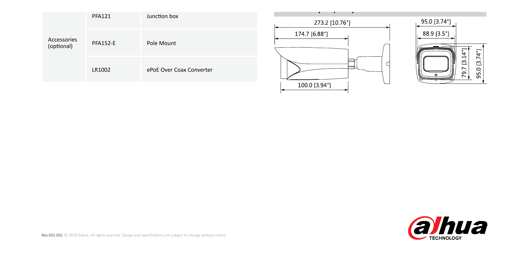 DH-IPC-HFW8232E-ZE 外形尺寸圖 273.2mm×95.0mm×95.0mm (10.76”×3.74”×3.74”)｜Unit: mm