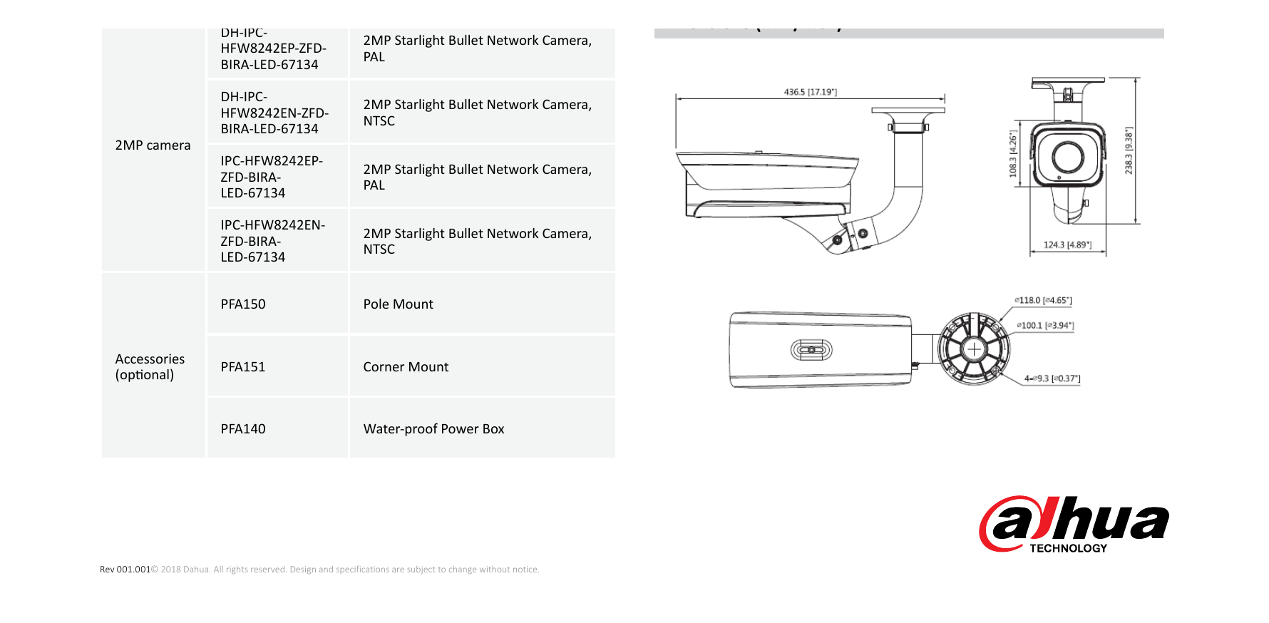 DH-IPC-HFW8242E-Z20FD-IRA-LED 外形尺寸圖 457mm*124.3mm*108mm(18”×4.89”×4.25”)｜Unit: mm