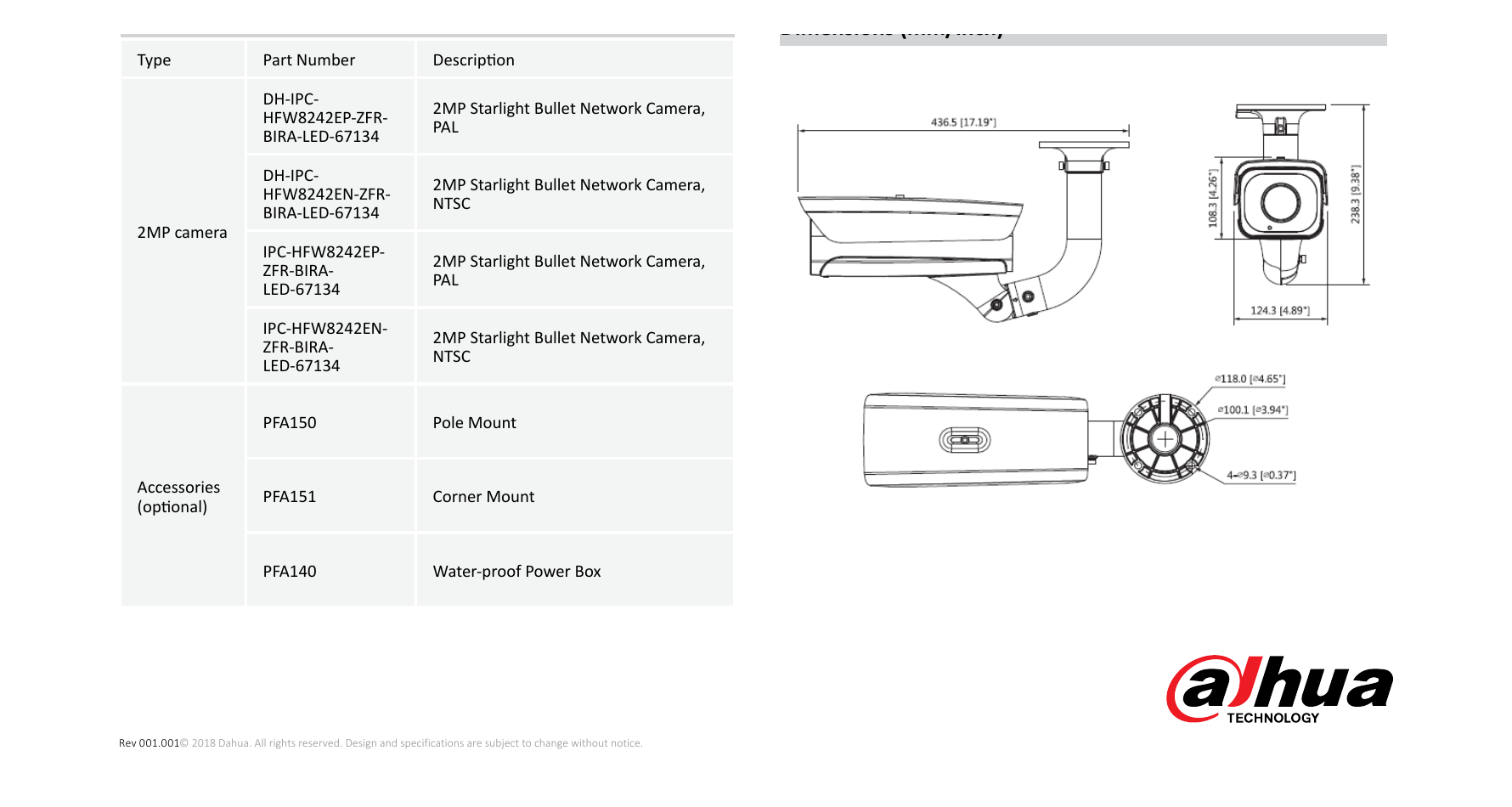DH-IPC-HFW8242E-Z20FR-IRA-LED 外形尺寸圖 457mm*124.3mm*108mm(18”×4.89”×4.25”)｜Unit: mm
