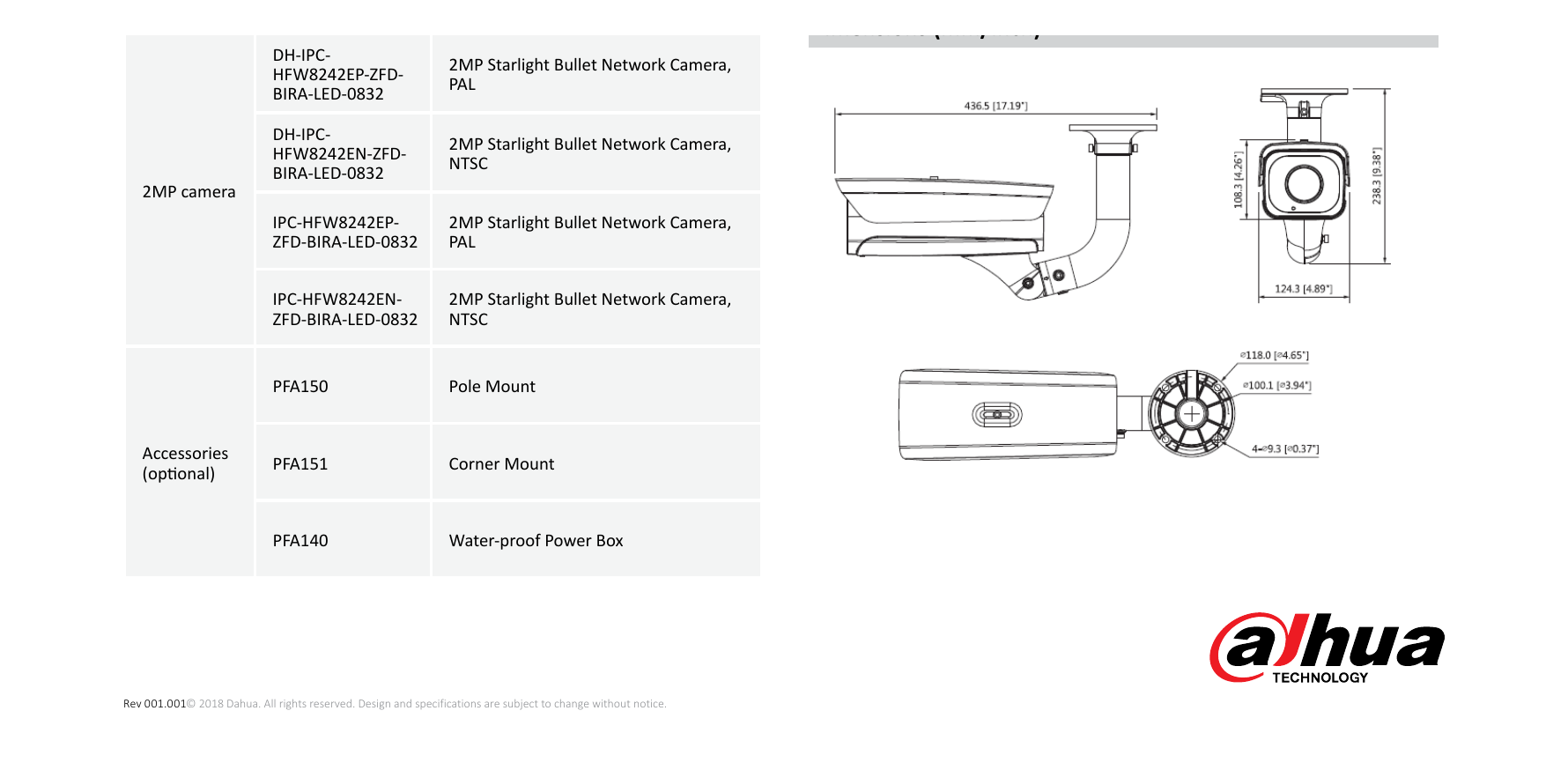 DH-IPC-HFW8242E-Z4FD-IRA-LED 外形尺寸圖 457mm*124.3mm*108mm(18”×4.89”×4.25”)｜Unit: mm