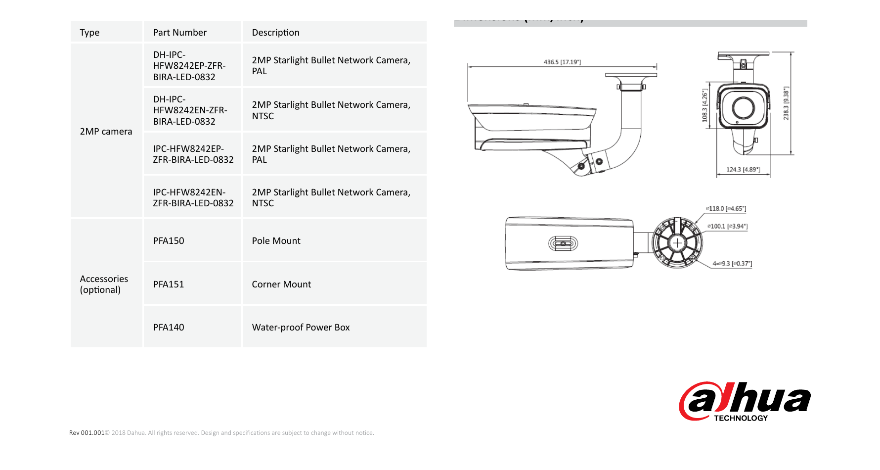DH-IPC-HFW8242E-Z4FR-IRA-LED 外形尺寸圖 457mm*124.3mm*108mm(18”×4.89”×4.25”)｜Unit: mm