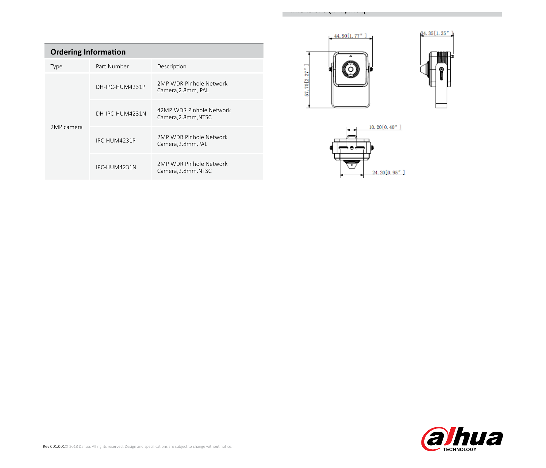 DH-IPC-HUM4231 外形尺寸圖 44.9mm × 57.7mm×34.35mm (1.77" x 2.27"x 1.35")｜Unit: mm