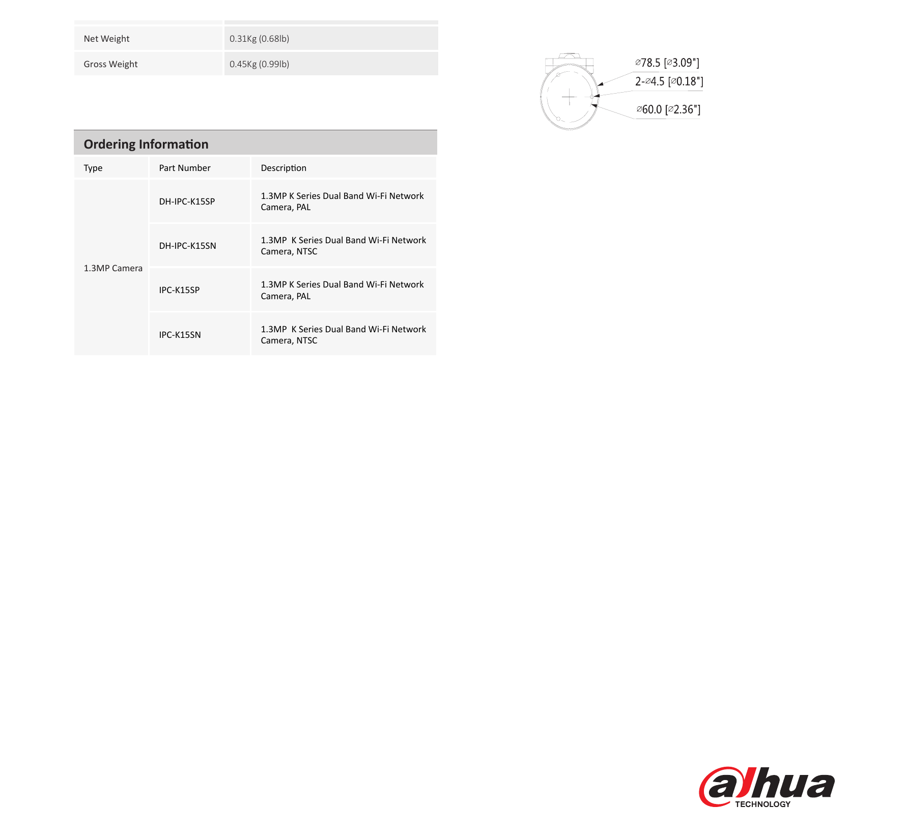 DH-IPC-K15S 外形尺寸圖 Φ78.5mm×127.8mm(3.09'’ x5.03’’)｜Unit: mm