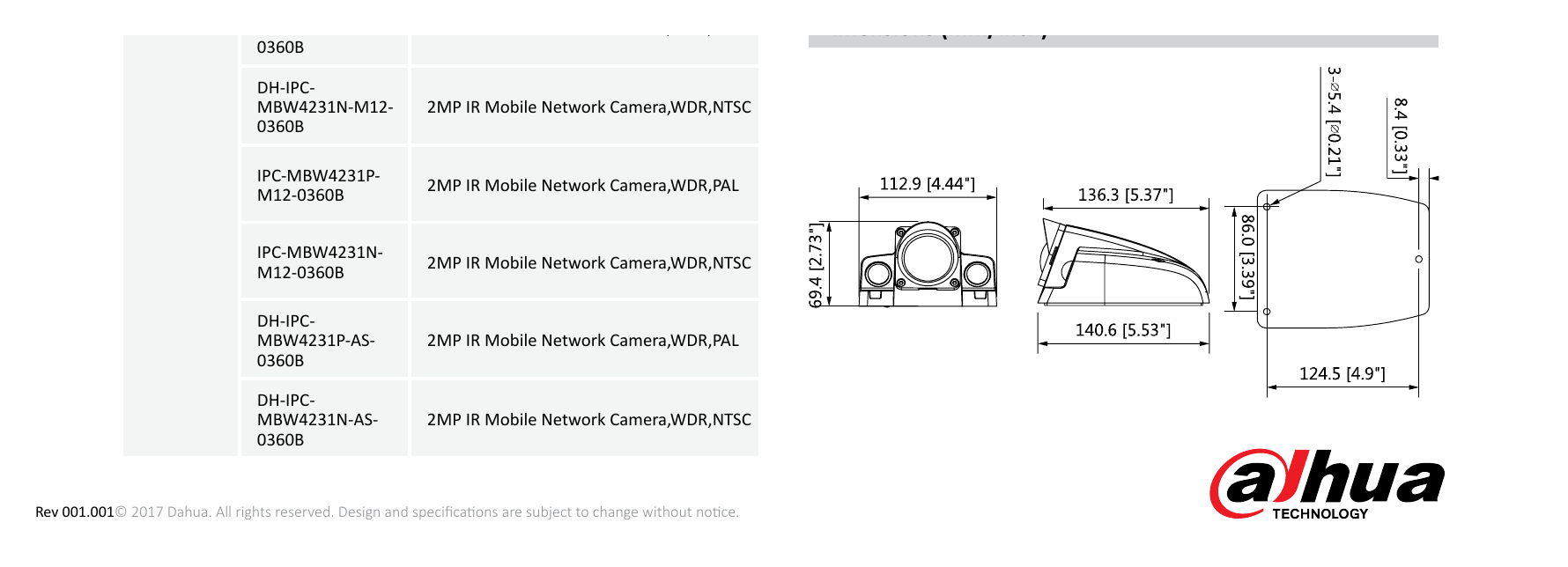 DH-IPC-MBW4231-AS-M12 外形尺寸圖 140.6mm×112.9mm×69.4mm (5.53”×4.44”×2.73”) IPC-MBW4231P-｜Unit: mm