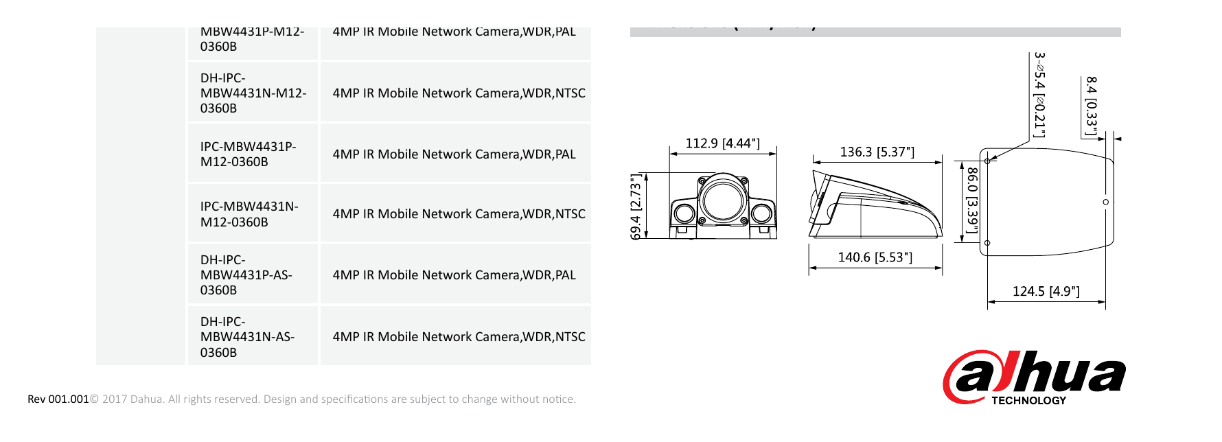 DH-IPC-MBW4431-AS-M12 外形尺寸圖 140.6mm×112.9mm×69.4mm (5.53”×4.44”×2.73”) IPC-MBW4431P-｜Unit: mm