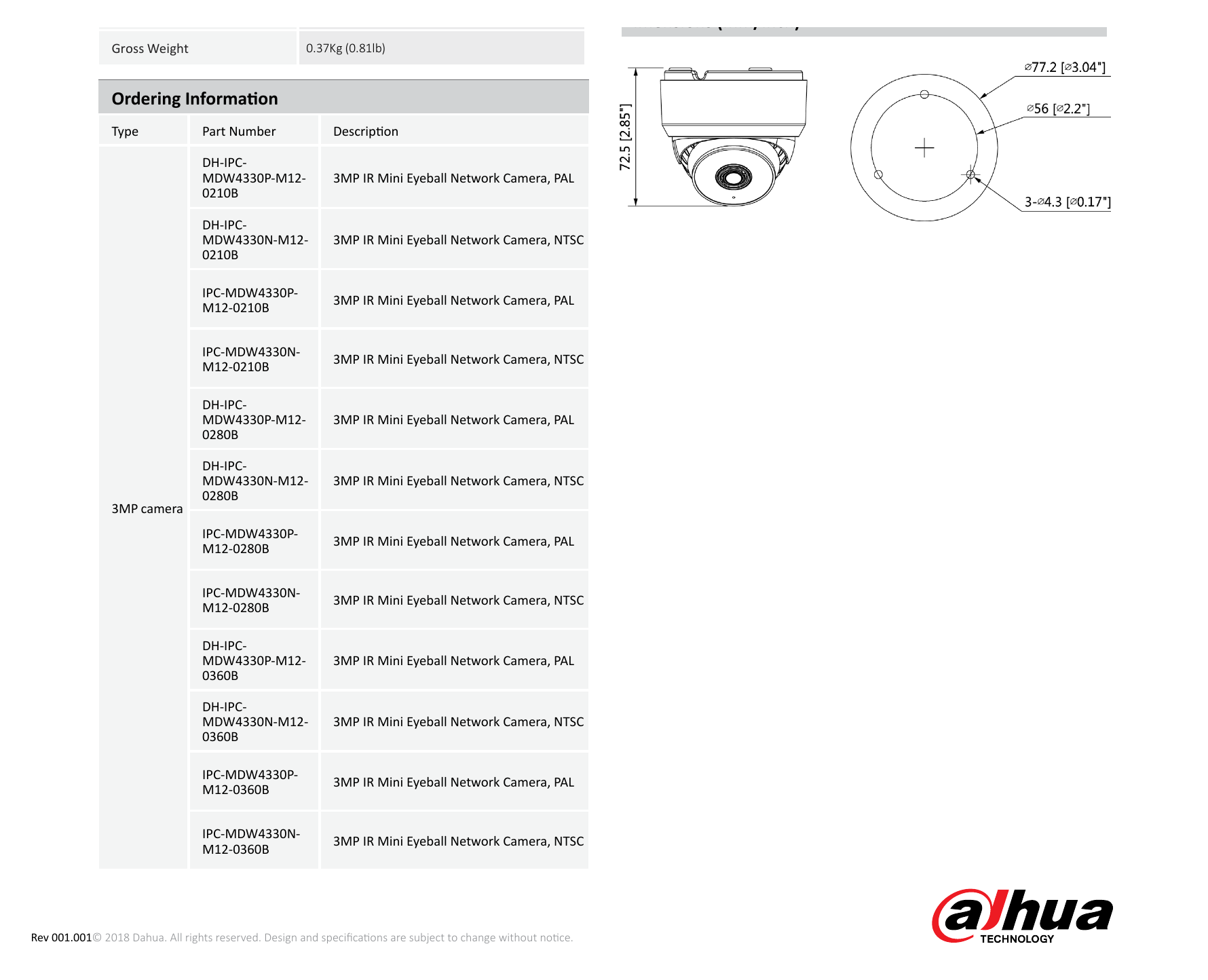 DH-IPC-MDW4330-M12 外形尺寸圖 Φ77.16mm×72.27mm (Φ3.03”×2.84”)｜Unit: mm