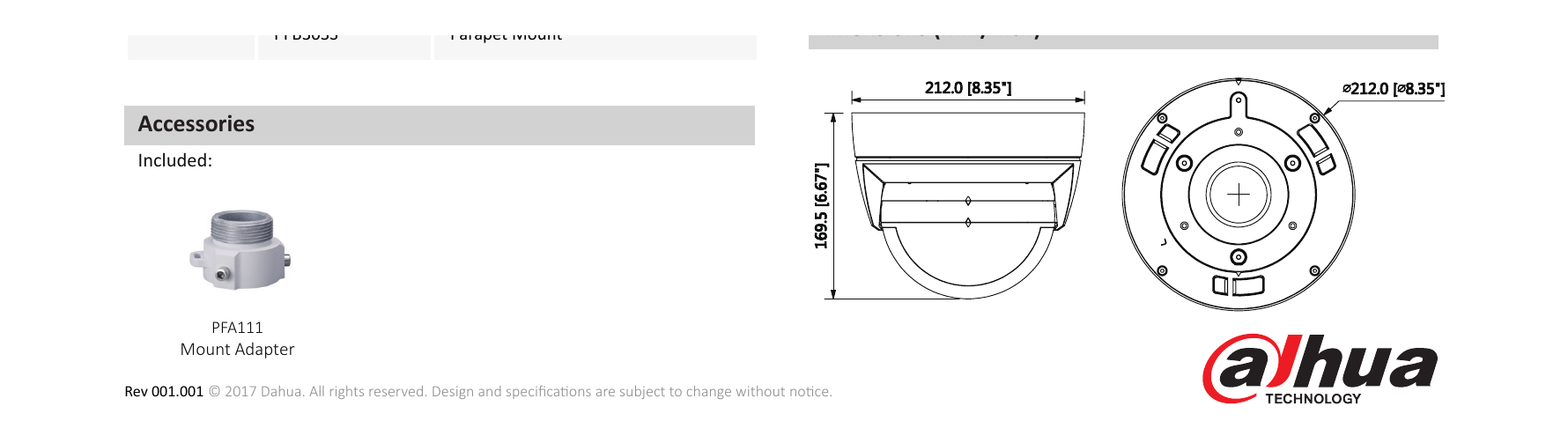DH-IPC-PDBW8800-A180 外形尺寸圖 Φ212mm×169.5mm(Φ8.35”×6.67”) Pole Mount Corner Mount Parapet Mount｜Unit: mm