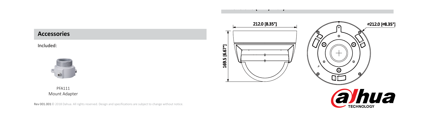 DH-IPC-PDBW8802-A180 外形尺寸圖 Φ212mm×169.5mm(Φ8.35”×6.67”) Ceiling Mount t｜Unit: mm