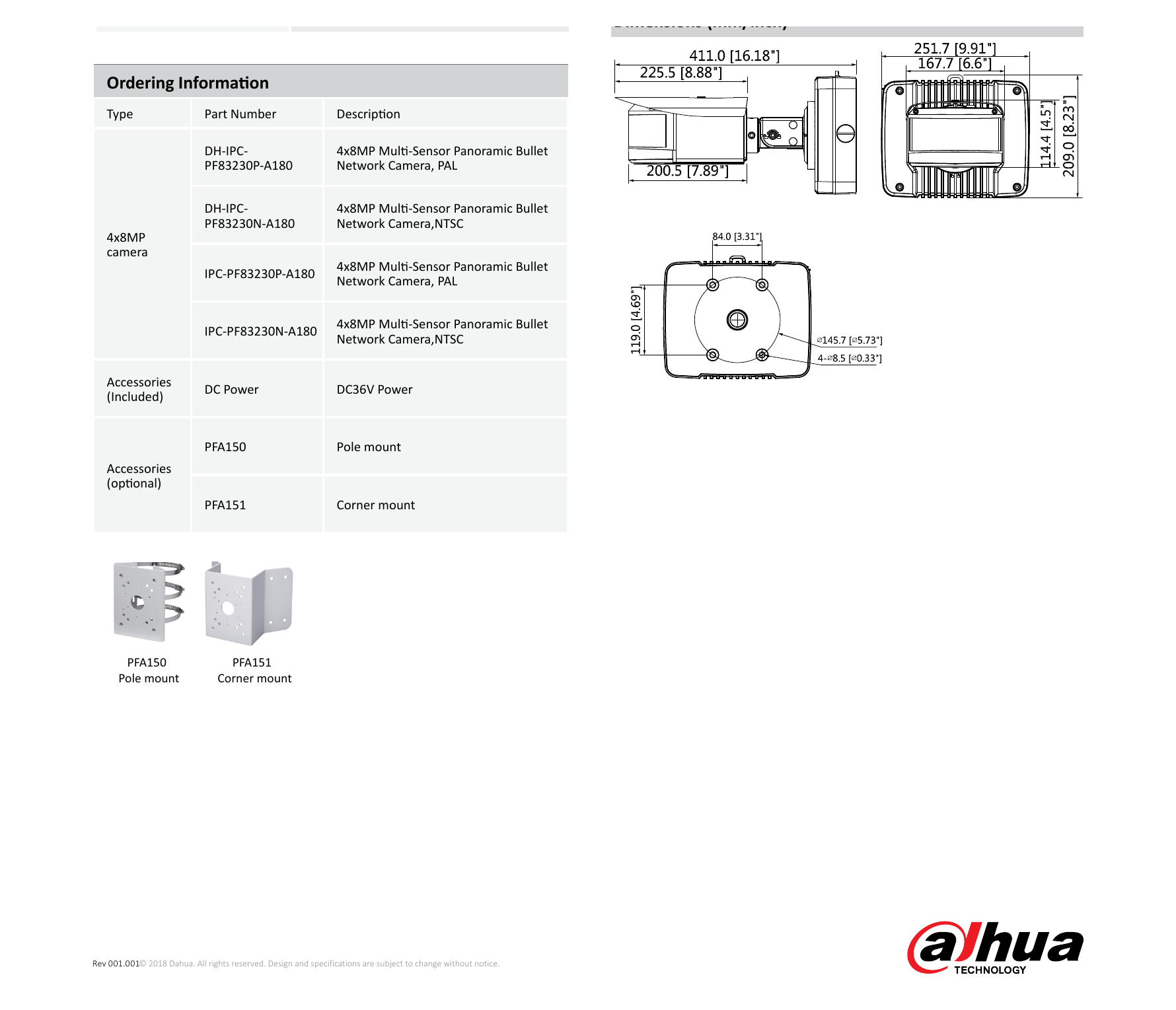 DH-IPC-PF83230-A180 外形尺寸圖 Box Bolt (16.18” ×9.91” ×4.5”) Installation Position Map｜Unit: mm