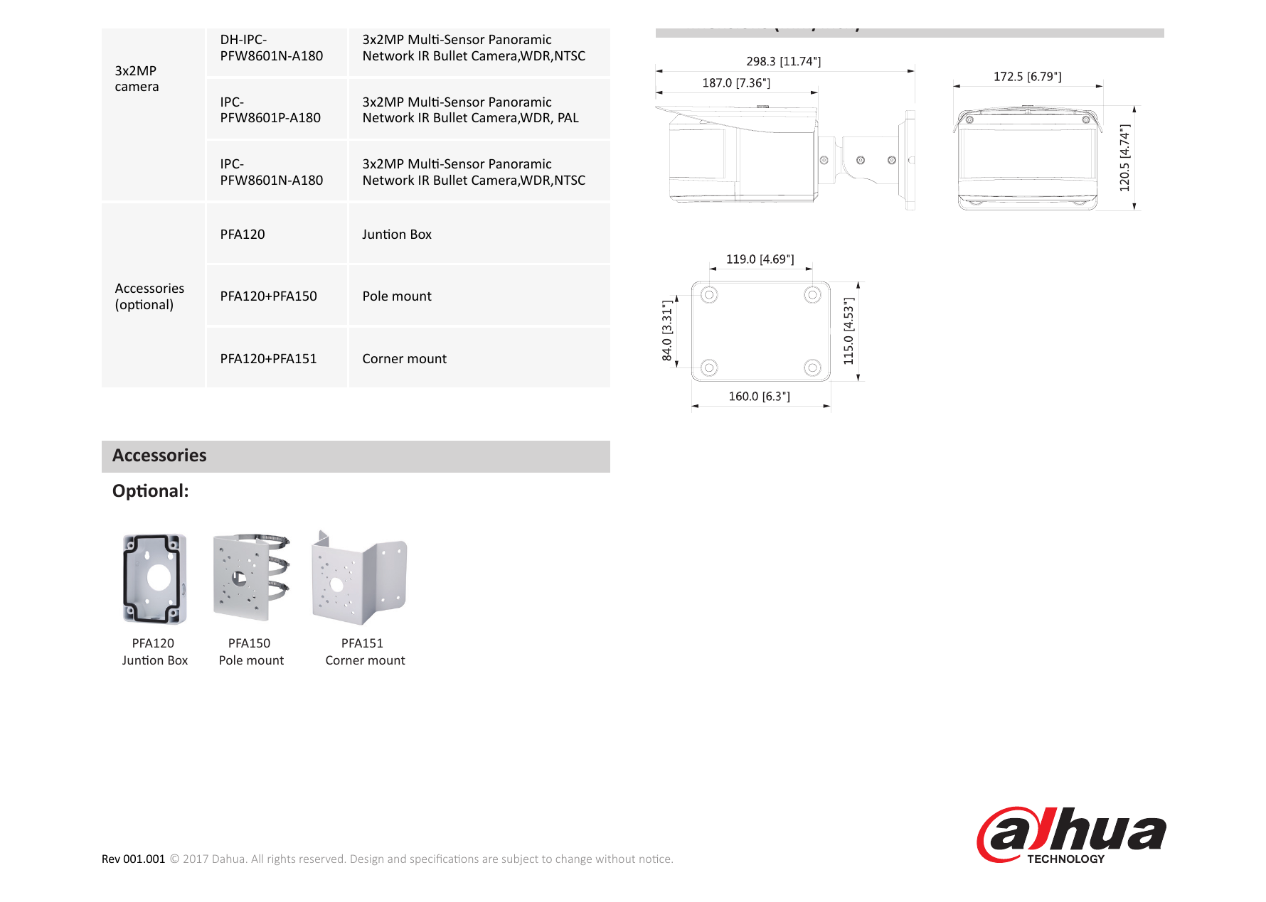 DH-IPC-PFW8601-A180 外形尺寸圖 PFA120+ PFA151 (11.74”×6.79”×4.74”)｜Unit: mm