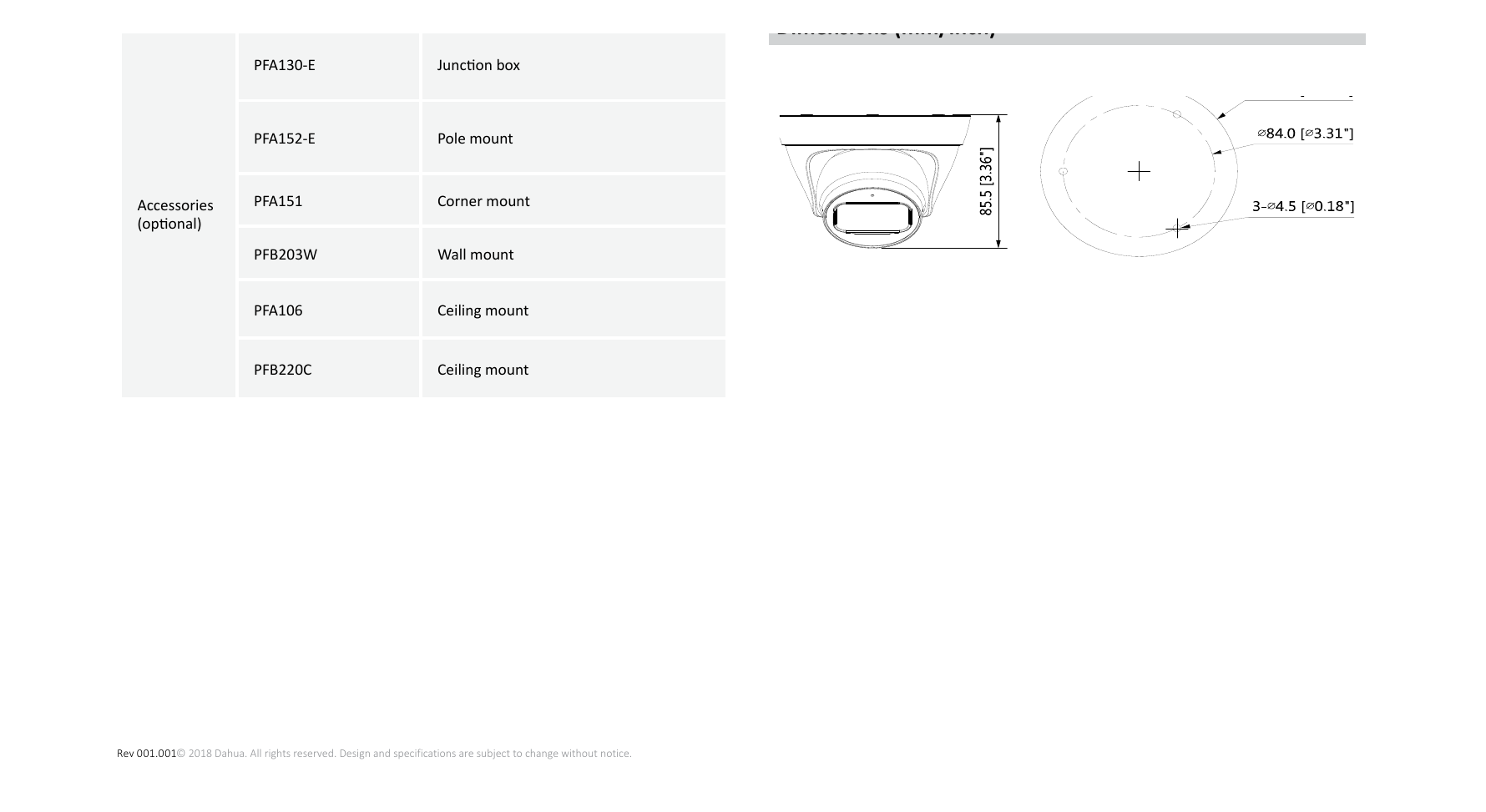 DH-IPC-T1B20 外形尺寸圖 Φ109mm×85.5mm(4.29''x3.36'')｜Unit: mm