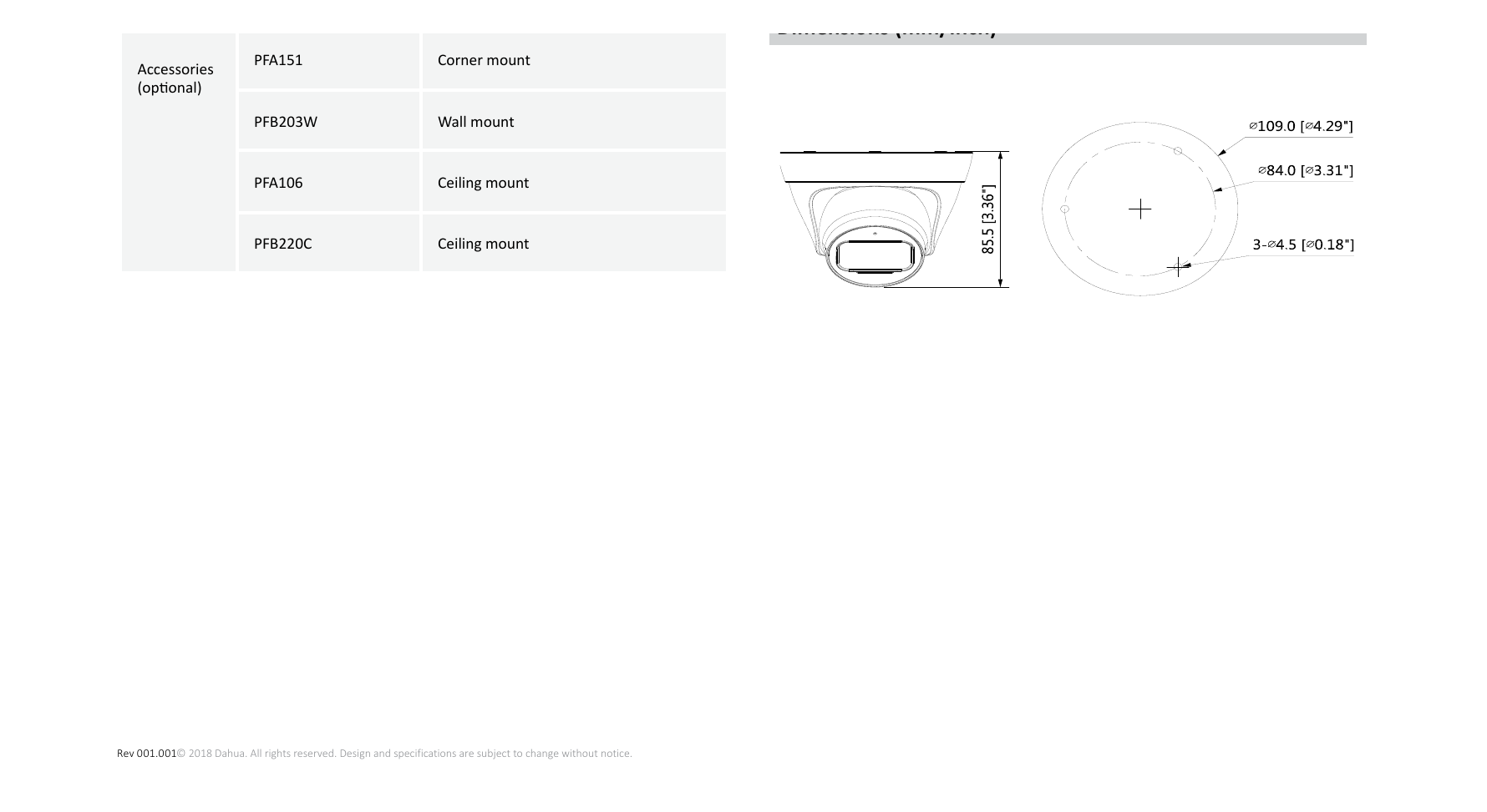 DH-IPC-T1B40 外形尺寸圖 Φ109mm×85.5mm(4.29''x3.36'')｜Unit: mm