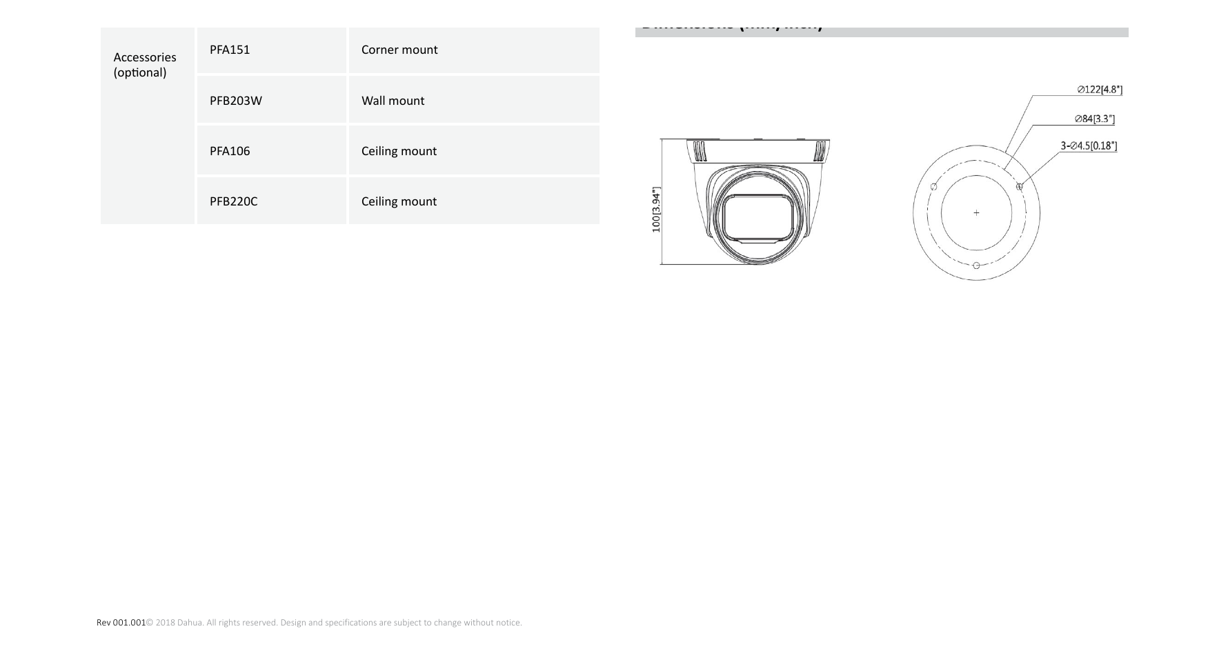 DH-IPC-T2B20-ZS 外形尺寸圖 Φ122mm×100mm(4.8''x3.94'')｜Unit: mm