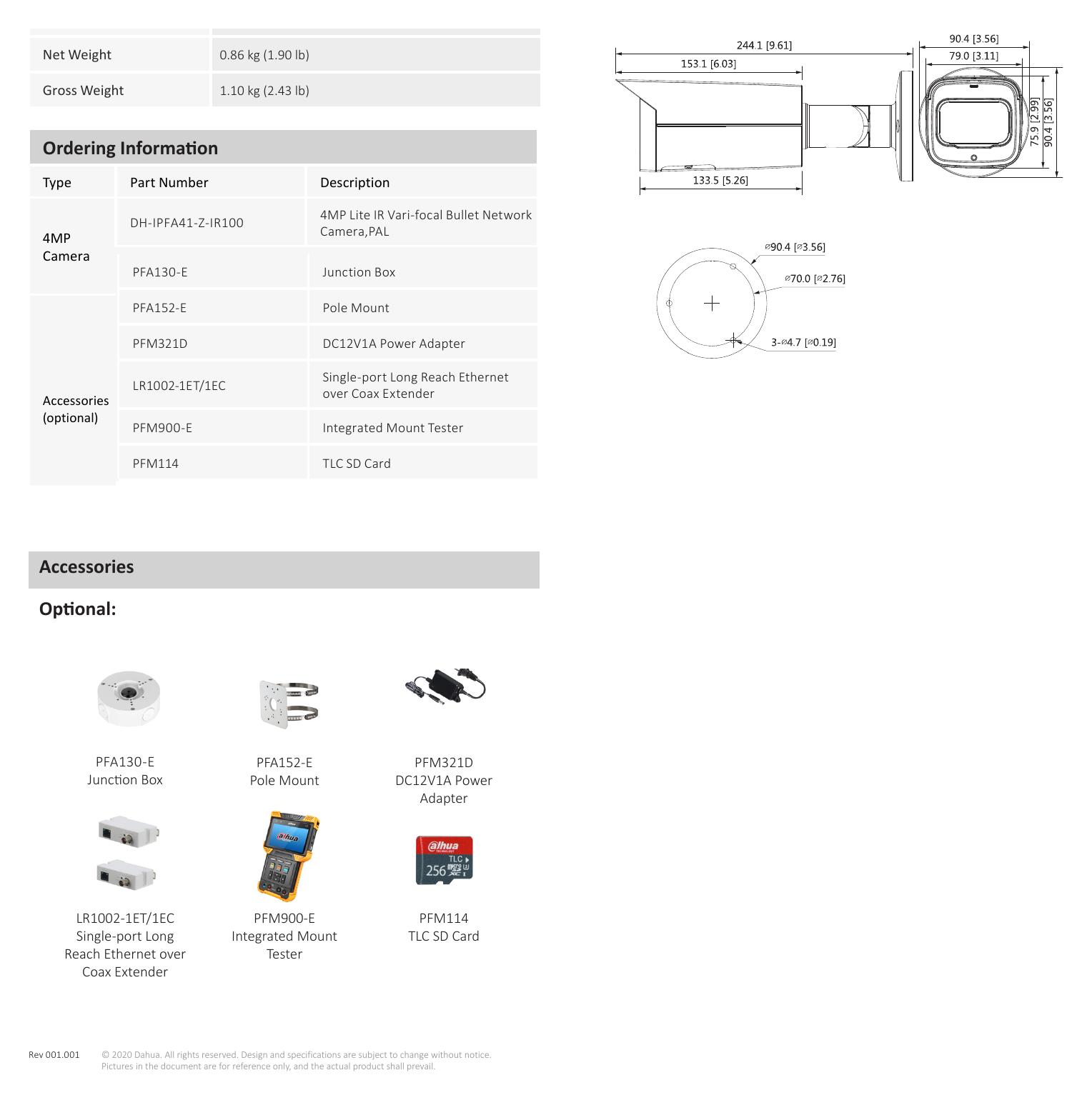 DH-IPFA41-Z-IR100 外形尺寸圖 244.1 mm × Φ90.4 mm (9.61" × Φ3.26")｜Unit: mm