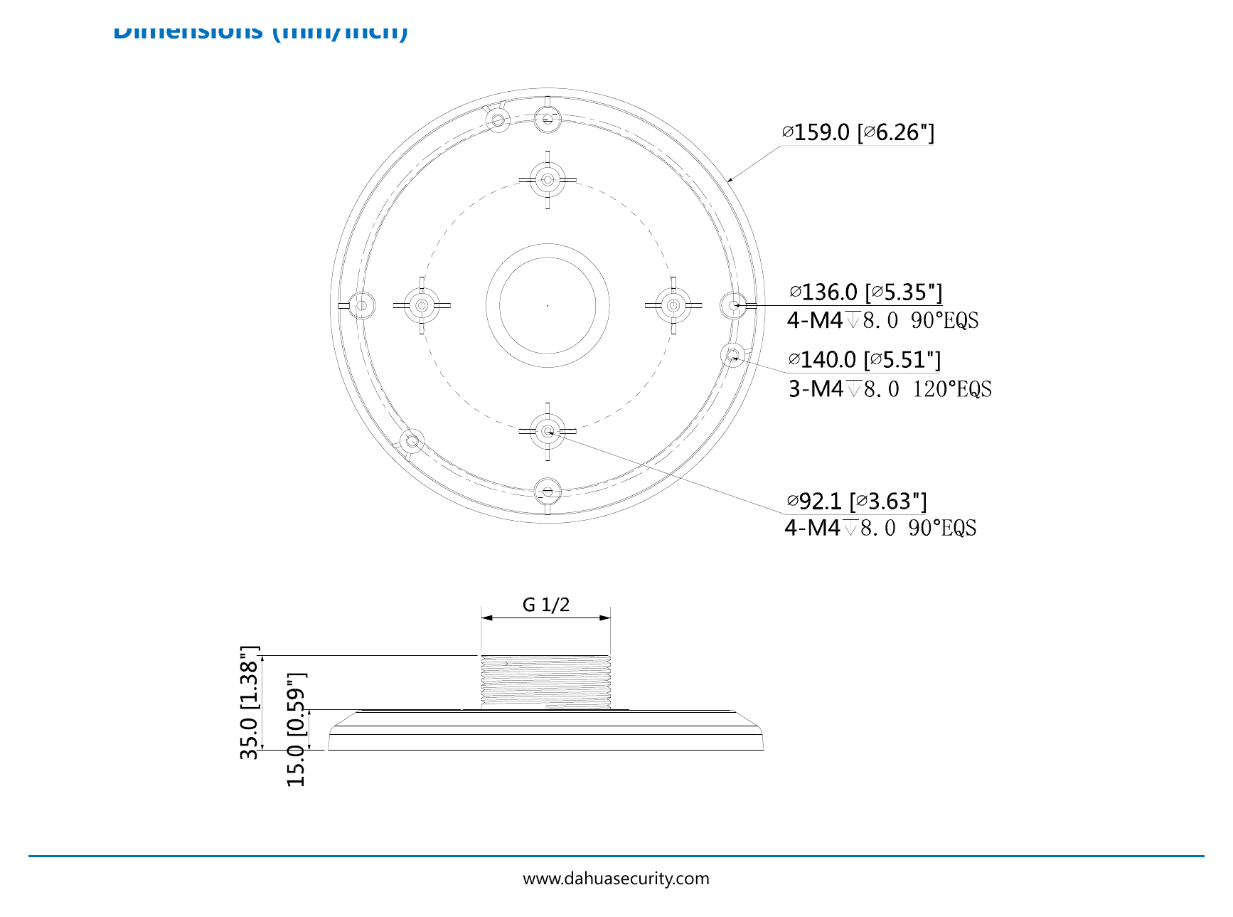 DH-PFA101 外形尺寸圖 Φ159mmx35mm (Φ6.26”x1.38”)|重量 0.24kg(0.53lb)|Unit: mm