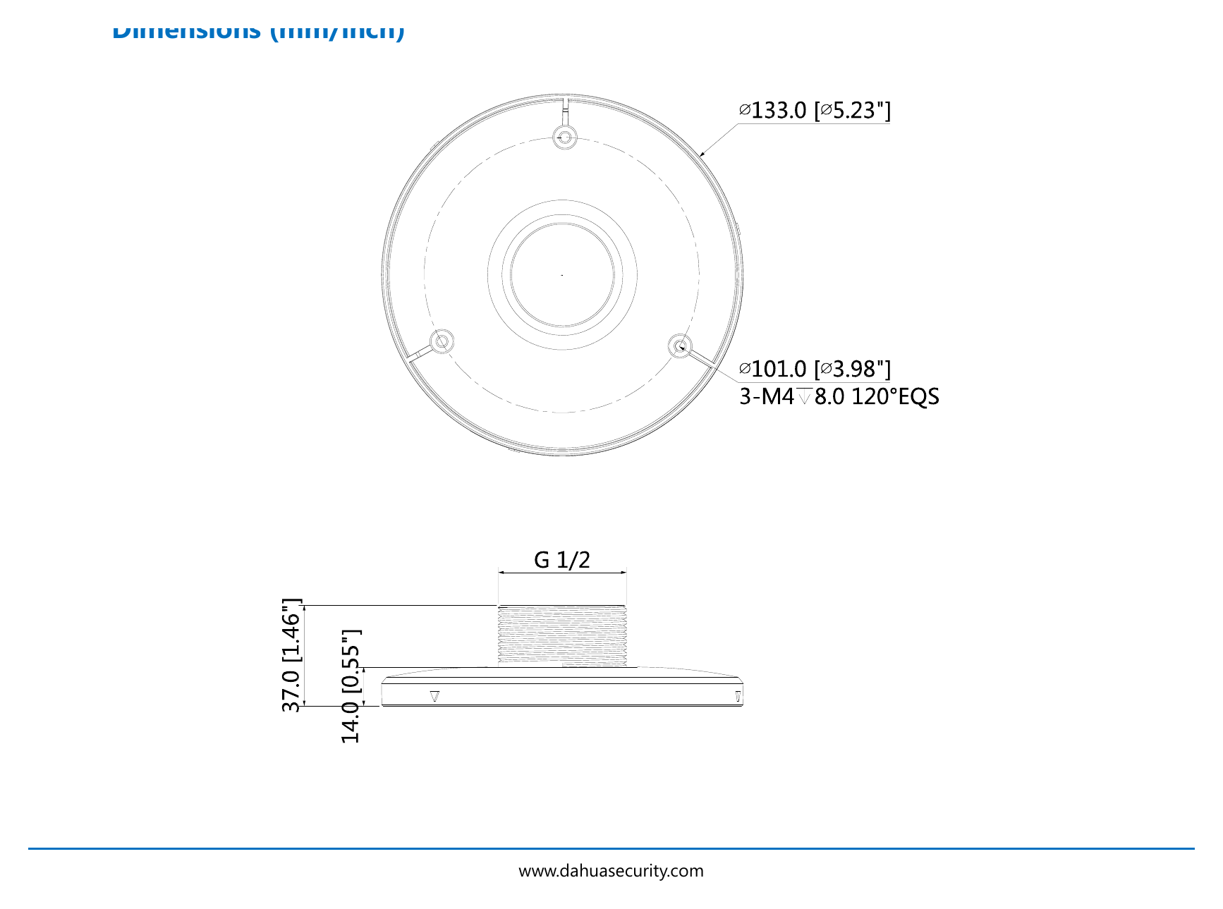 DH-PFA103 外形尺寸圖 Φ133mmx37mm (Φ5.23”x1.46”)|重量 0.13kg(0.29lb)|Unit: mm