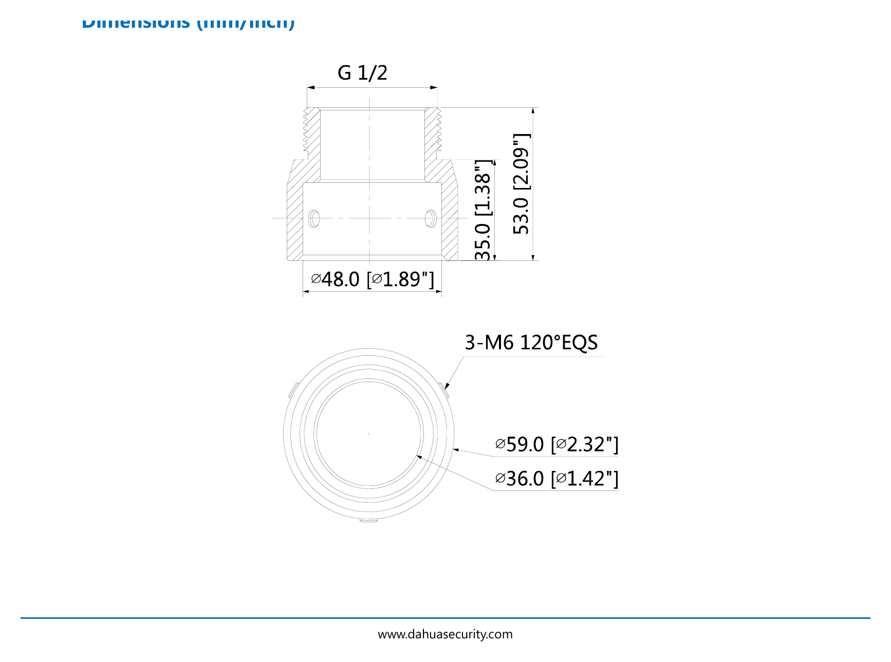 DH-PFA110 外形尺寸圖 Φ59mmx53mm (Φ2.32”x2.09”)｜重量 0.2kg(0.44lb)｜Unit: mm