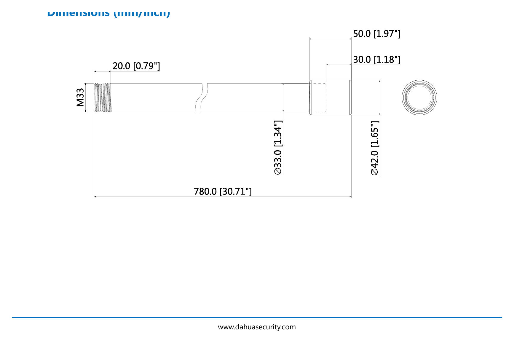 DH-PFA117 外形尺寸圖 Φ42mmx780mm (Φ1.65”x30.71”)|重量 0.65kg(1.43lb)|Unit: mm